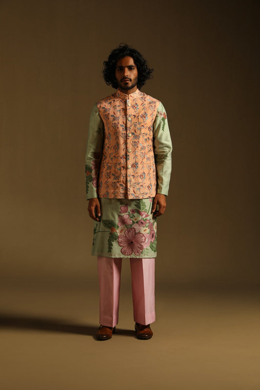 Peach thread Embroidered Sadri