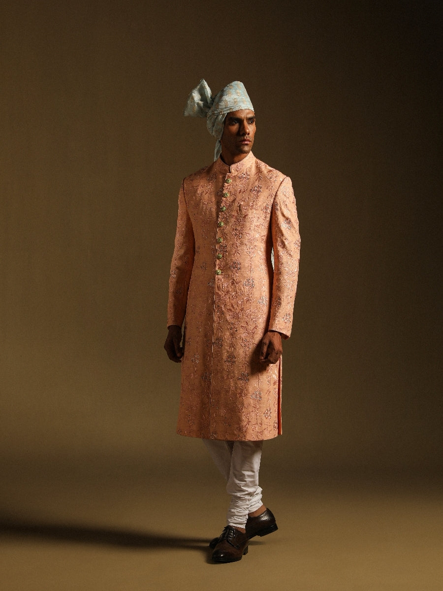 Peach Embroidered Achkan