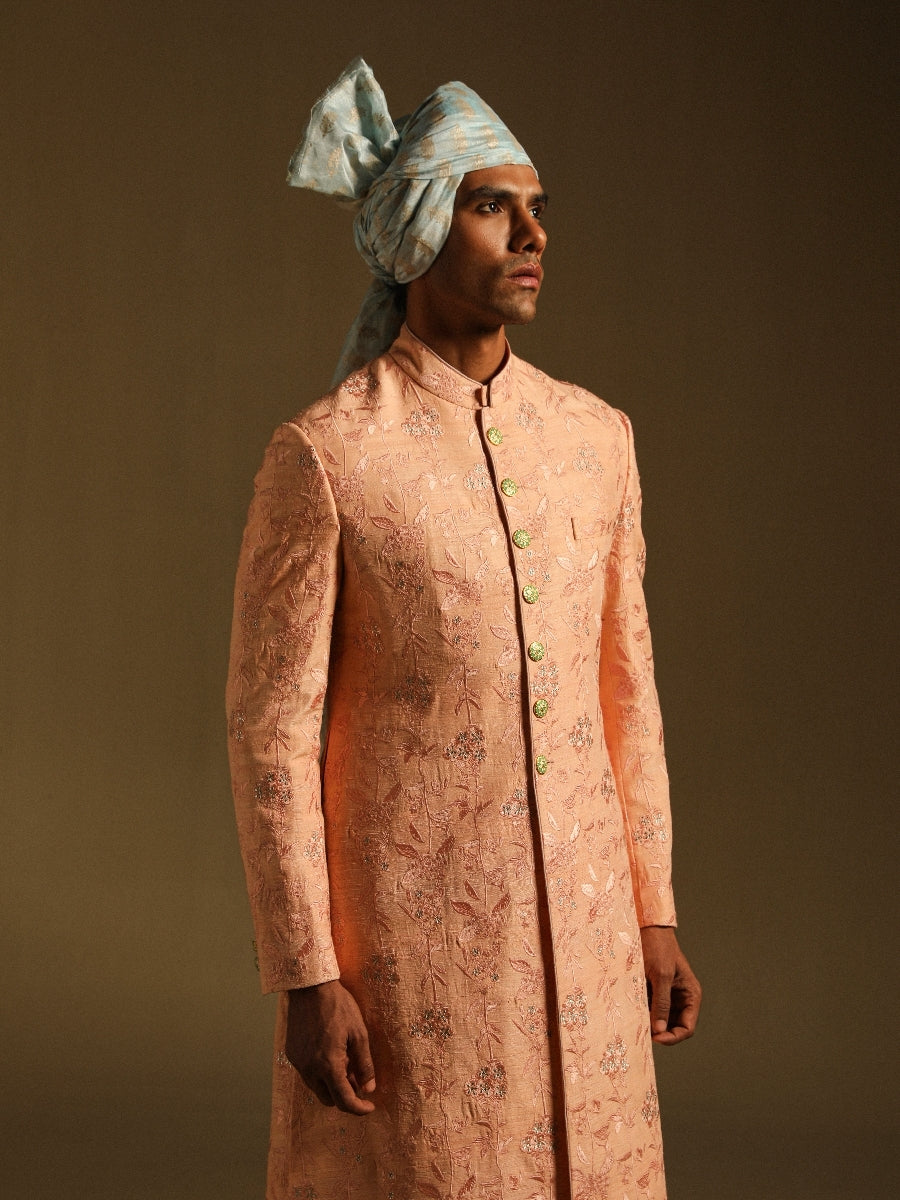 Peach Embroidered Achkan