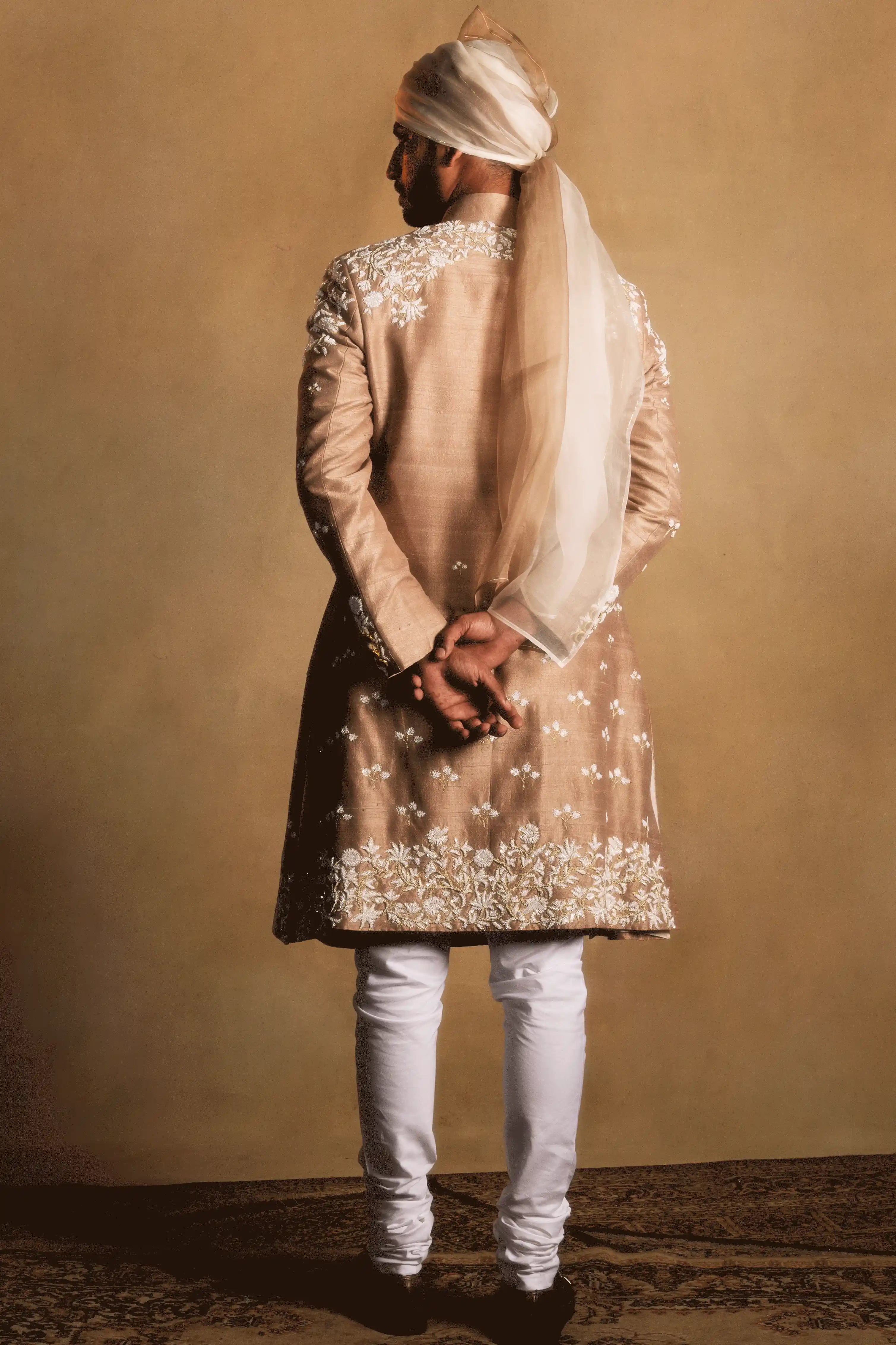 Champagne Gold Embroidered Achkan in Raw Silk