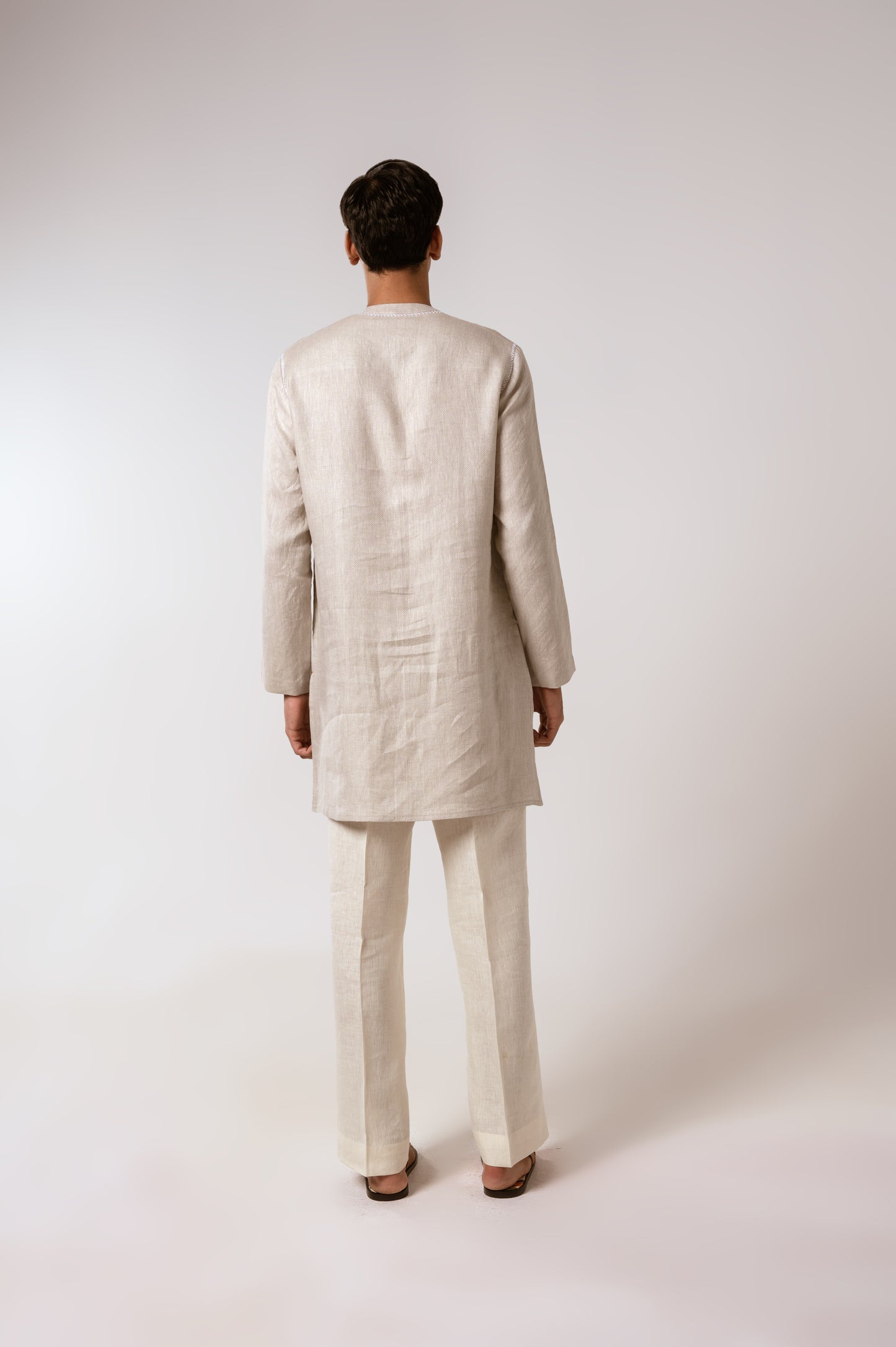 Oatmeal Herringbone Linen Kurta Set