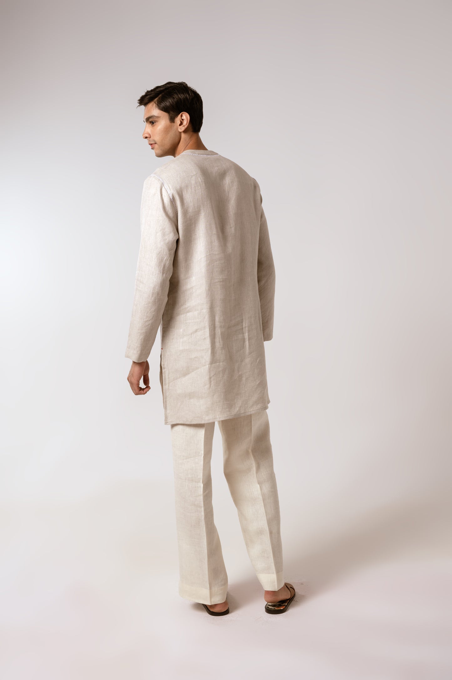 Oatmeal Herringbone Linen Kurta Set