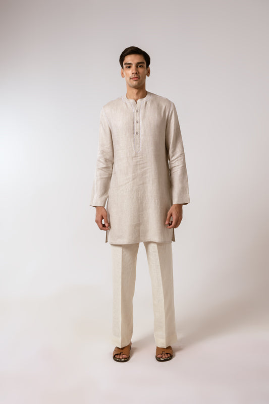 Oatmeal Herringbone Linen Kurta Set