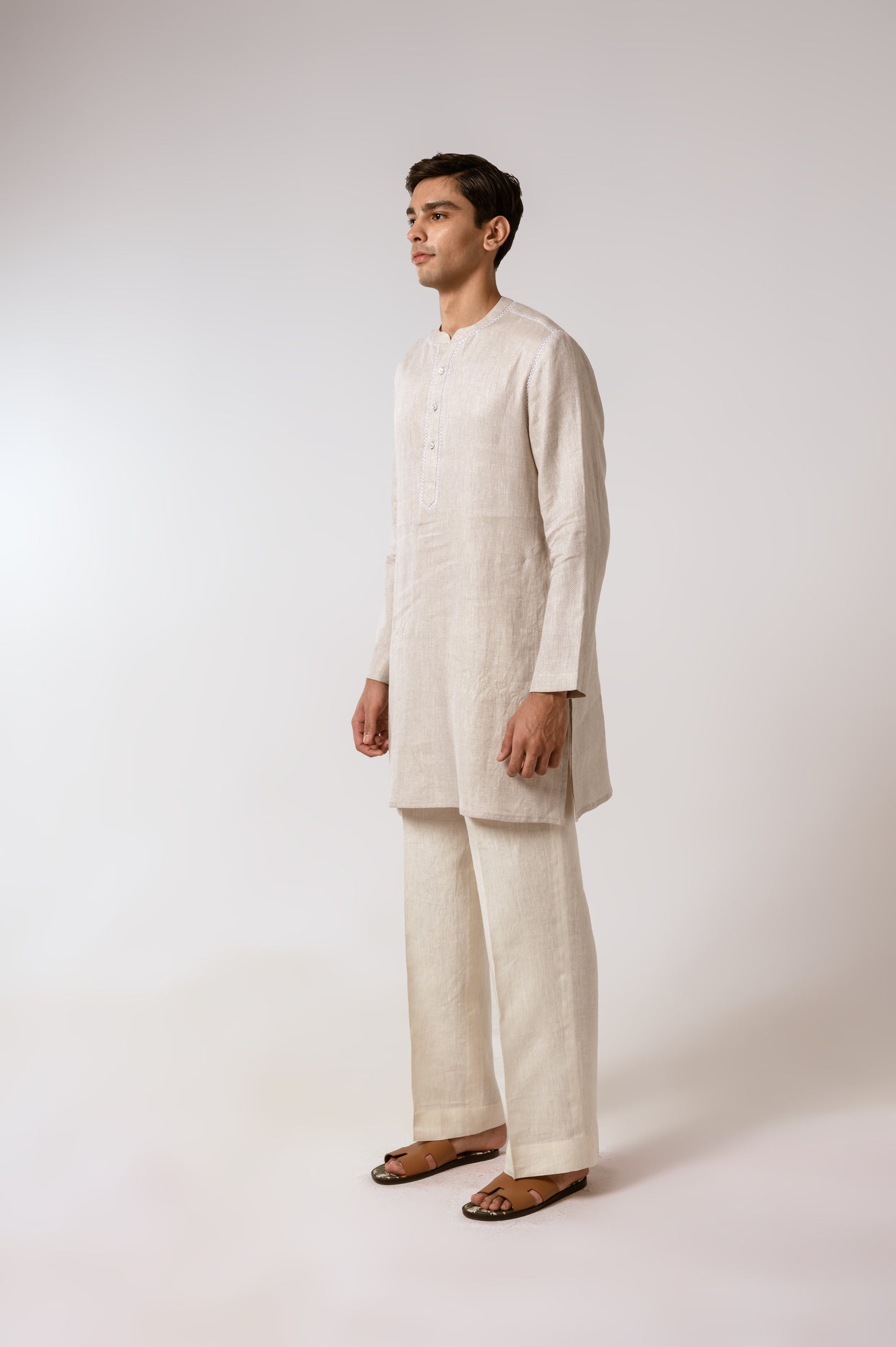 Oatmeal Herringbone Linen Kurta Set