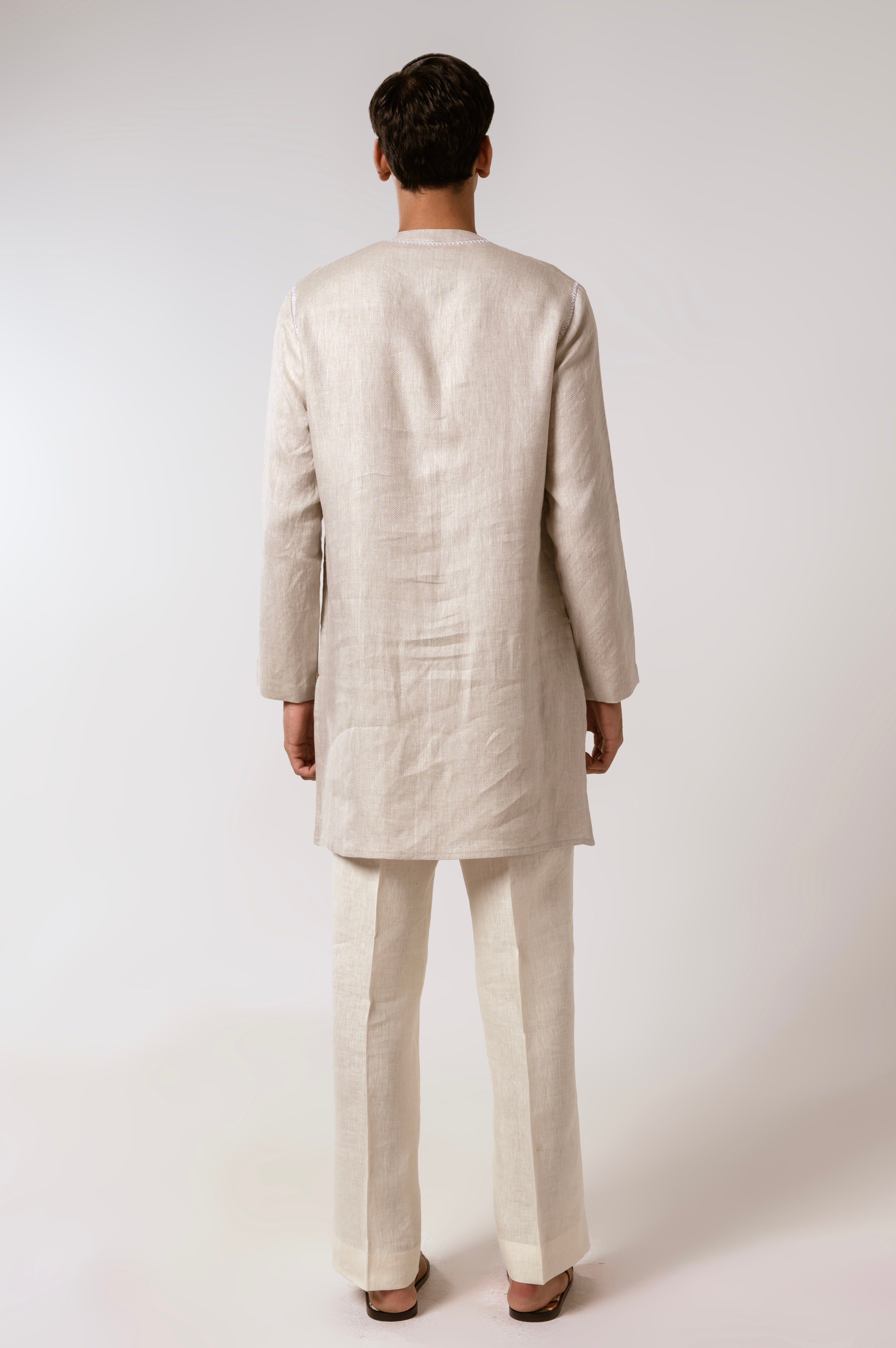 Oatmeal Herringbone Linen Kurta Set