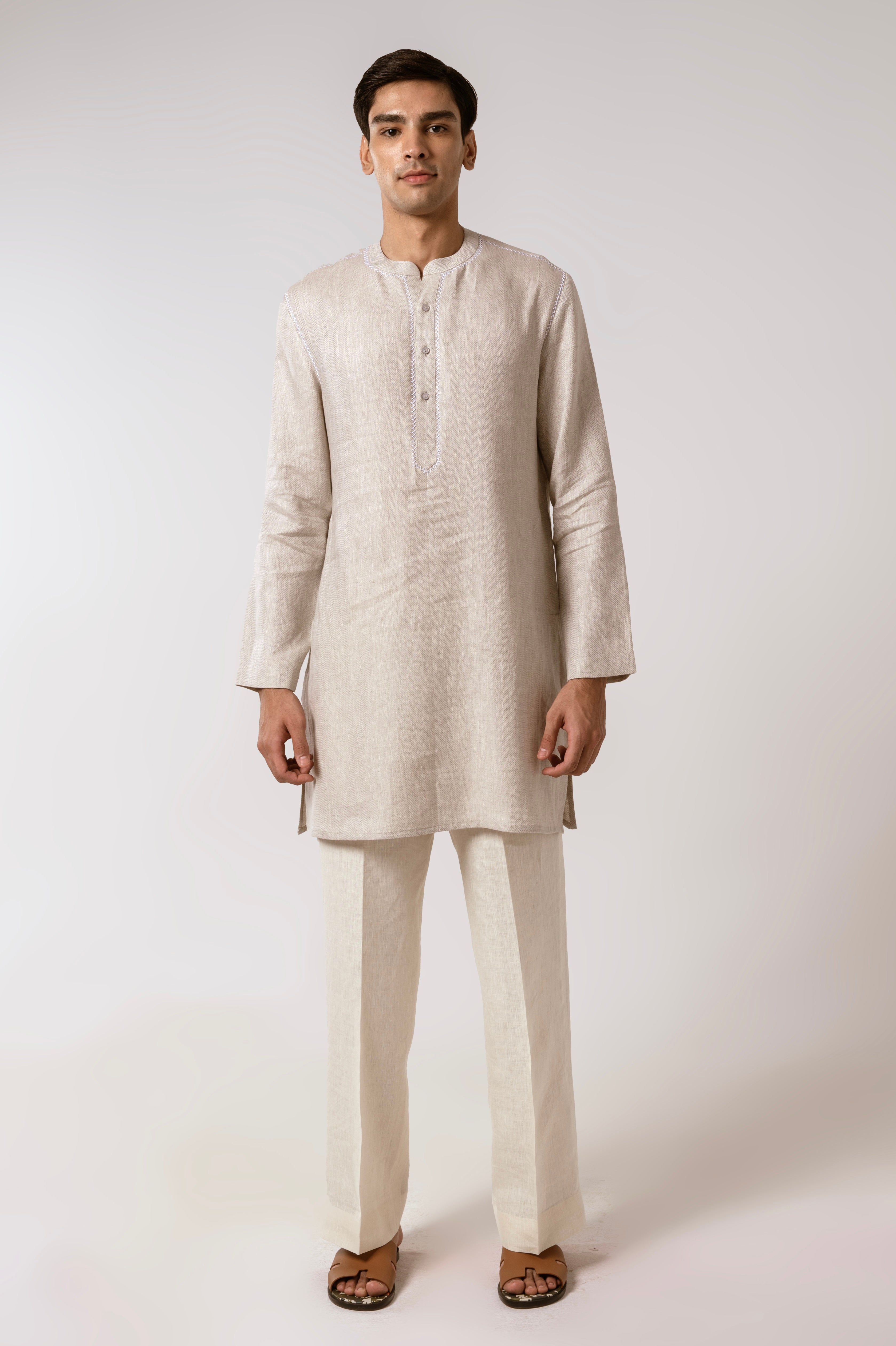 Oatmeal Herringbone Linen Kurta Set