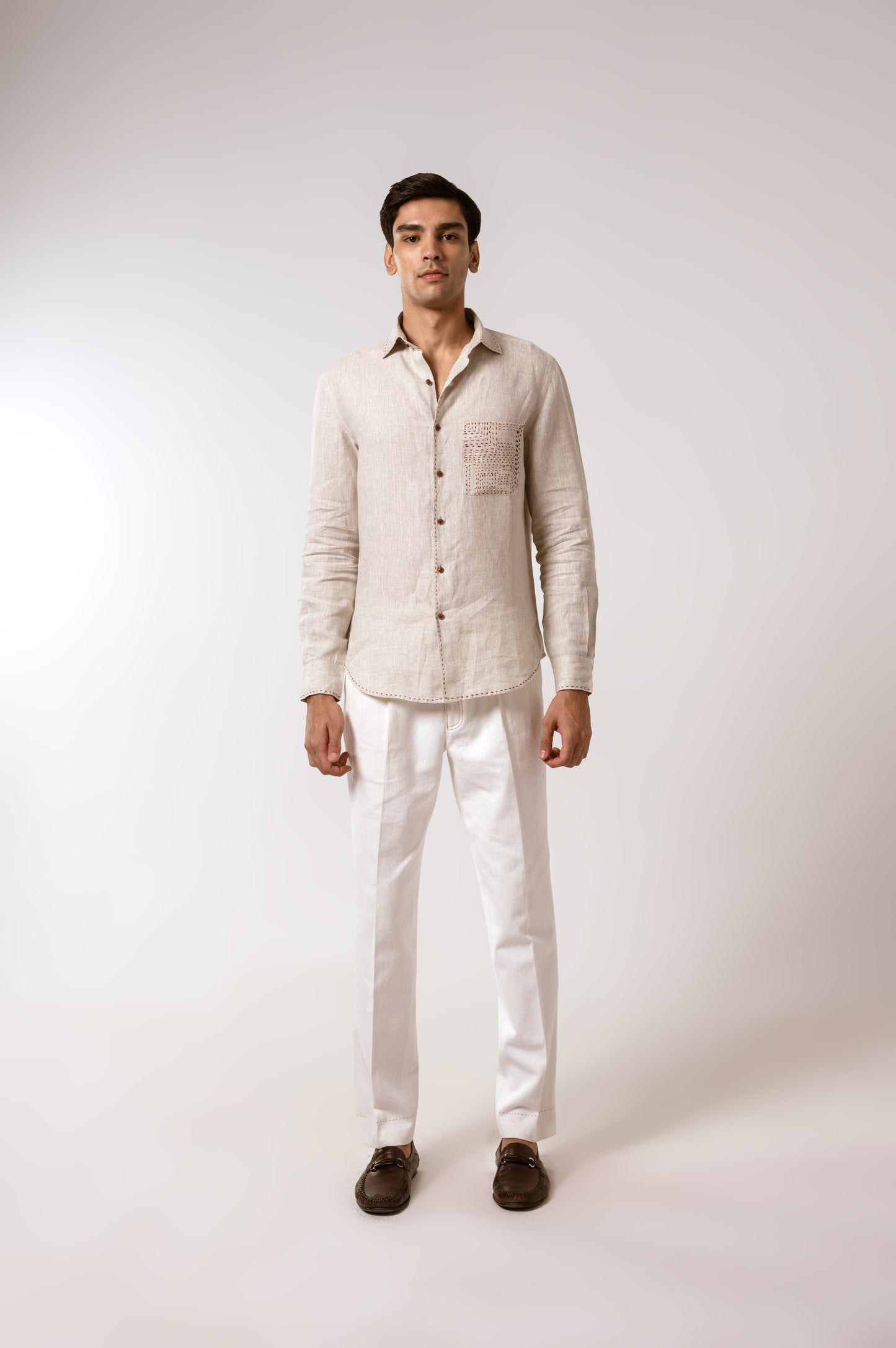 Oatmeal Linen Shirt With Kantha Patch Pocket