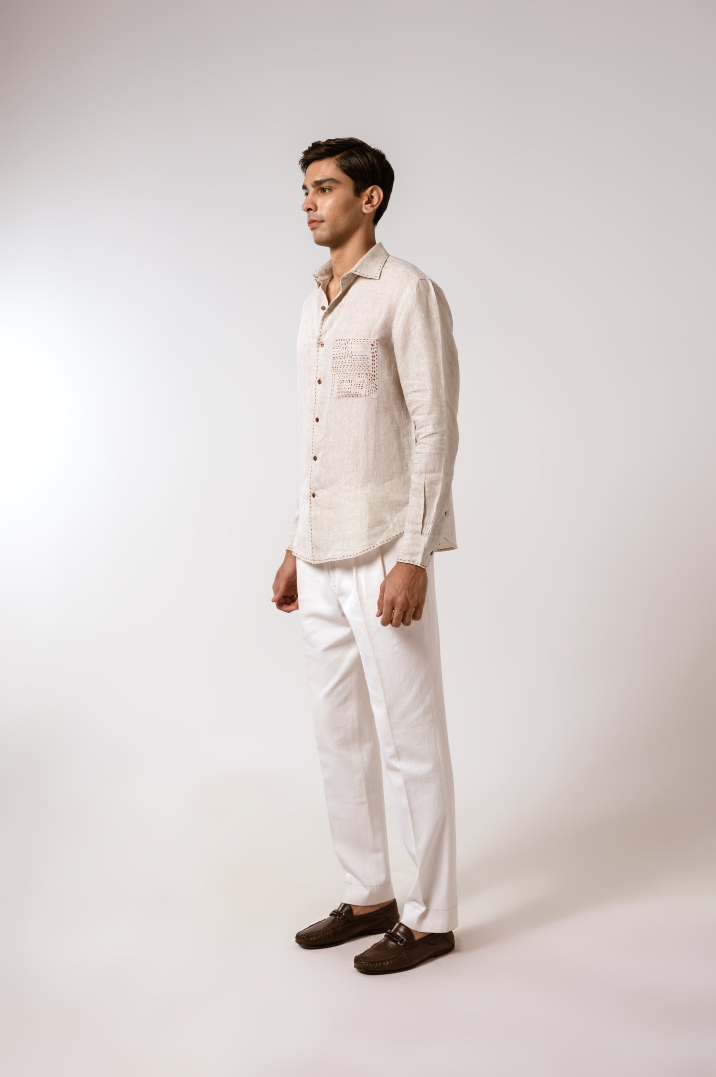 Oatmeal Linen Shirt With Kantha Patch Pocket