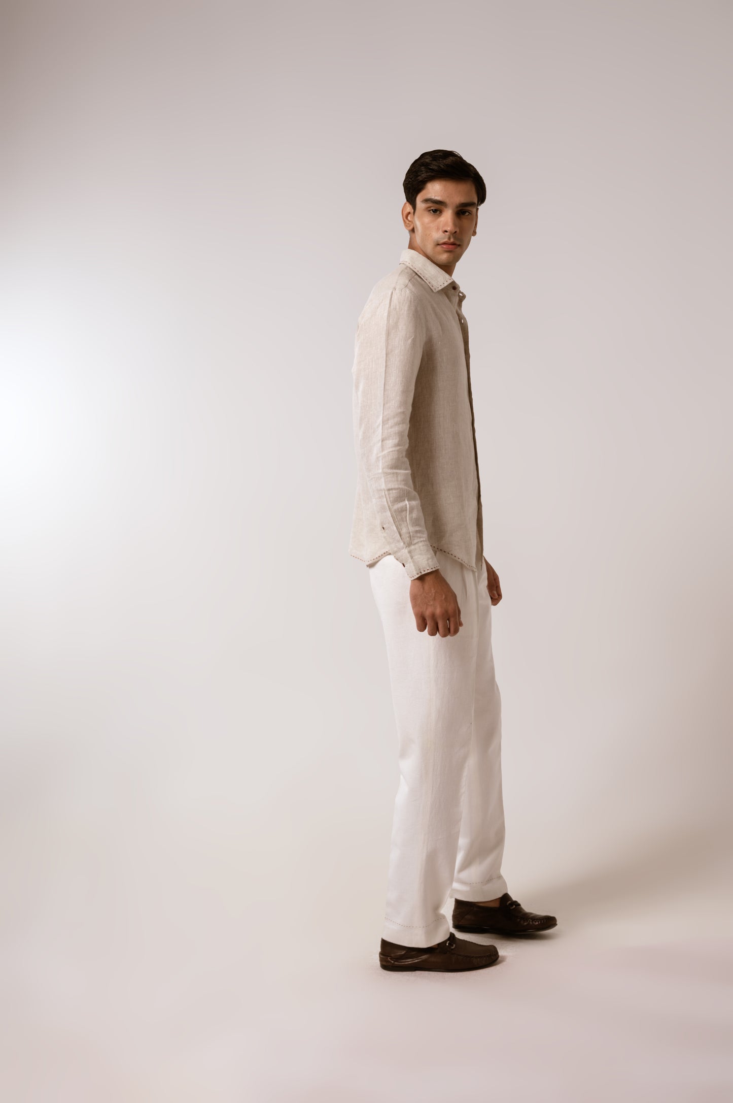 Oatmeal Linen Shirt With Kantha Patch Pocket