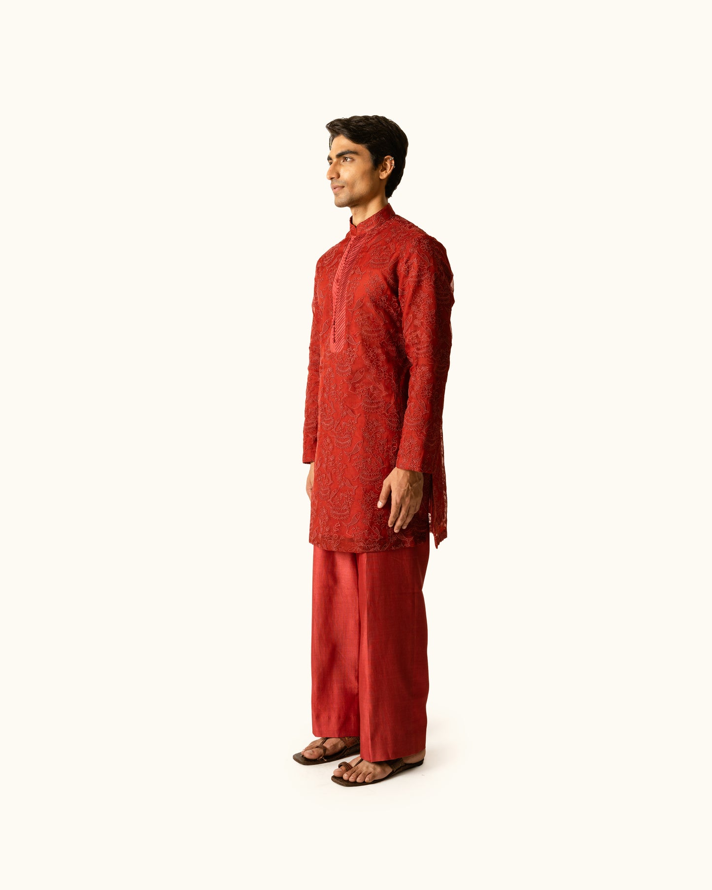 Red Embroidered Kurta Set in Silk Organza