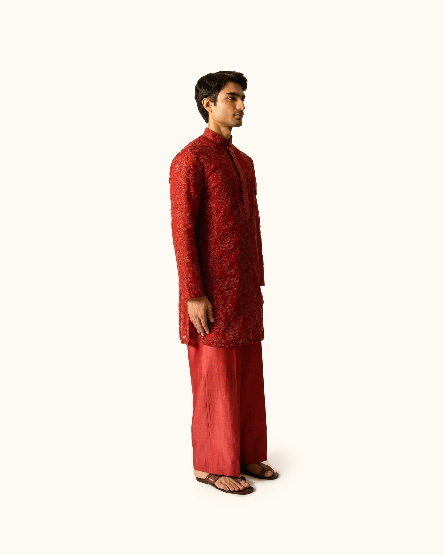 Red Embroidered Kurta Set in Silk Organza