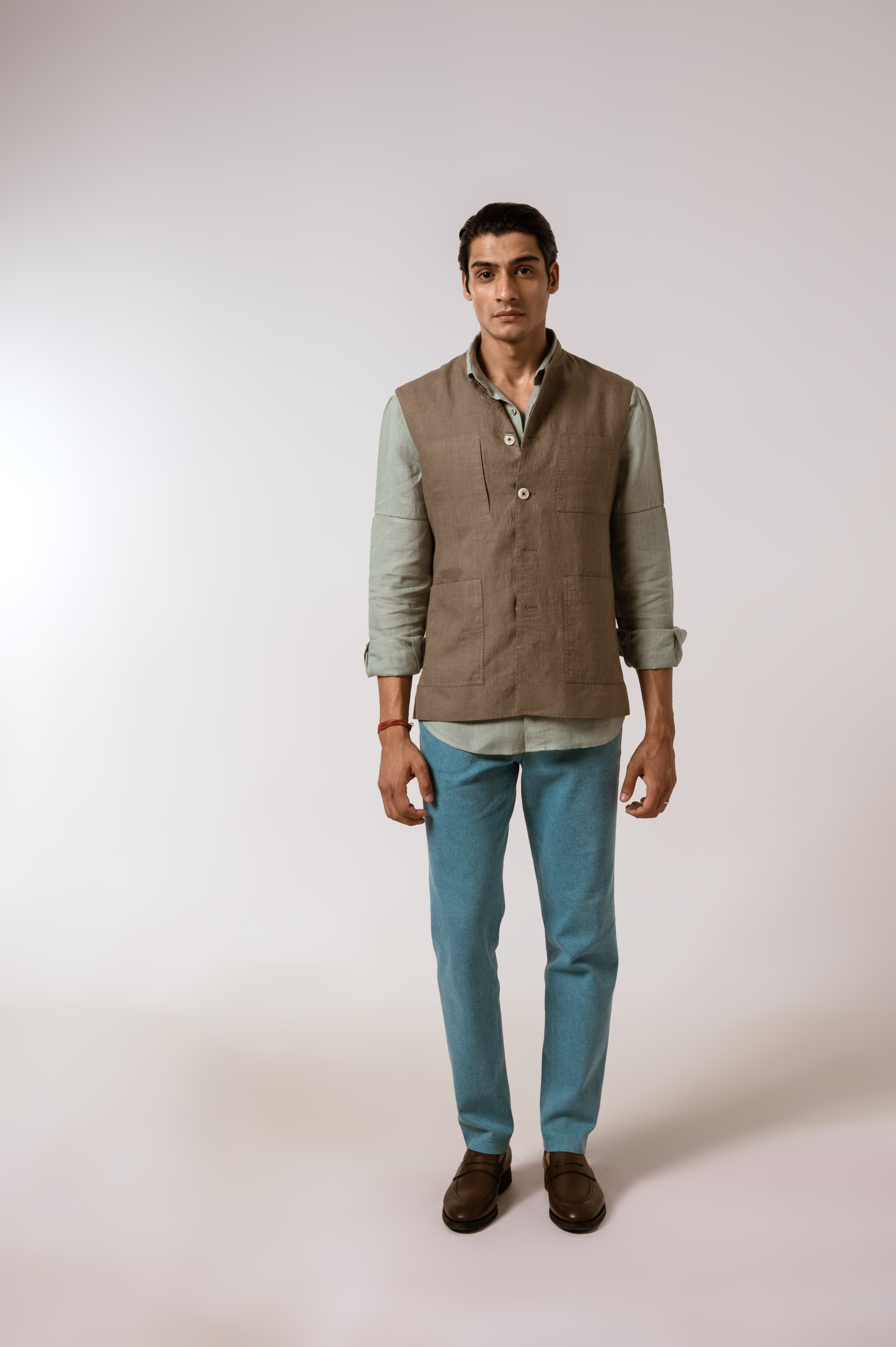 Safar Sadri In Olive Green Linen