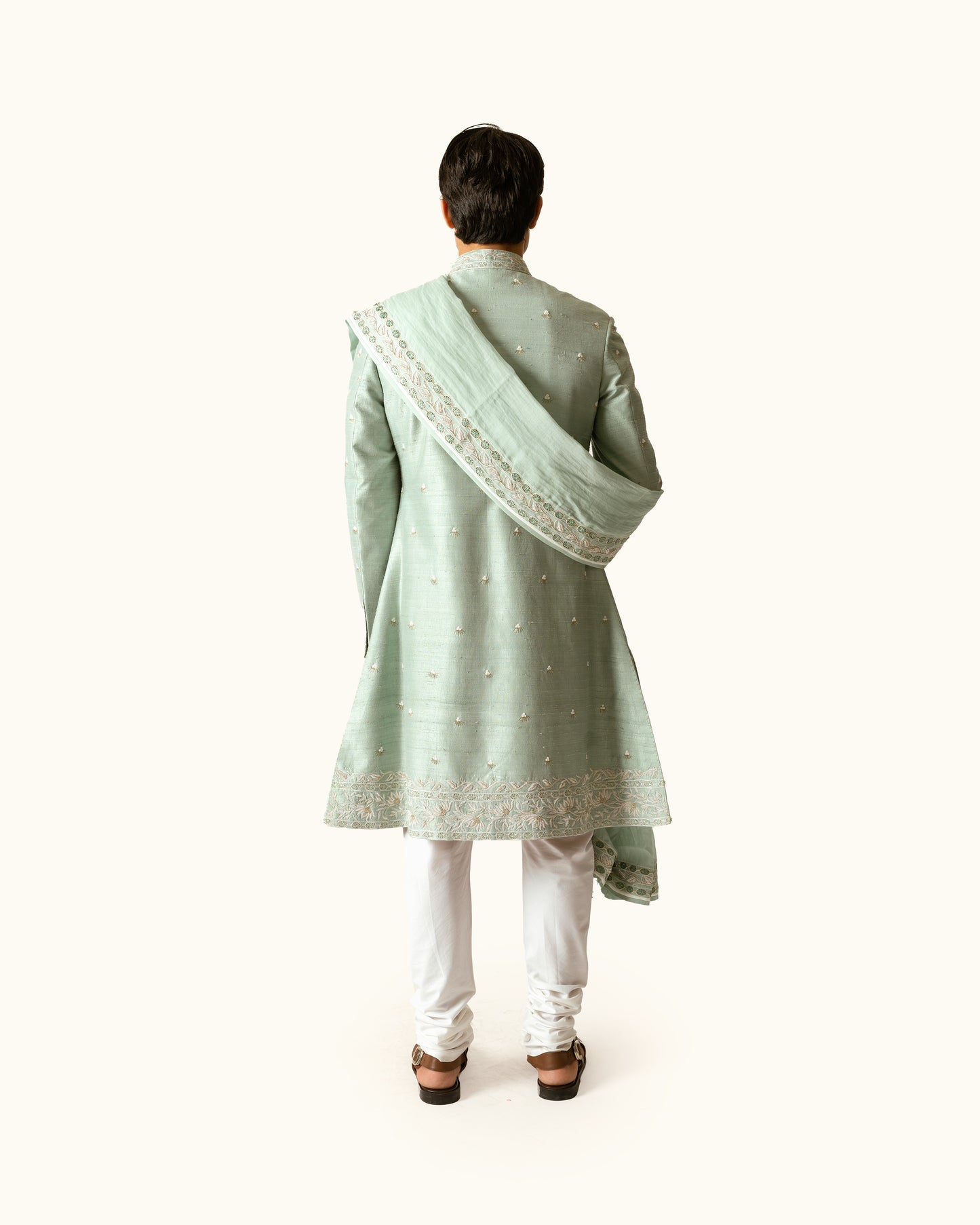 Sage Green Floral Achkan in Raw Silk