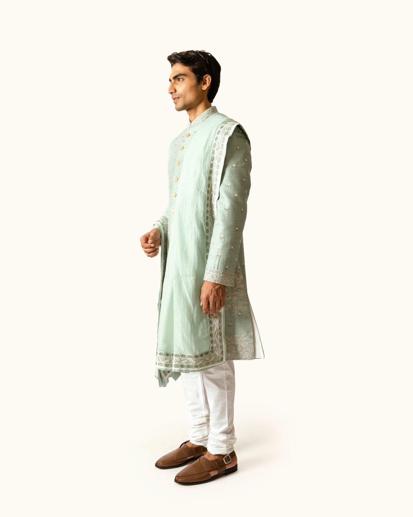 Sage Green Floral Achkan in Raw Silk