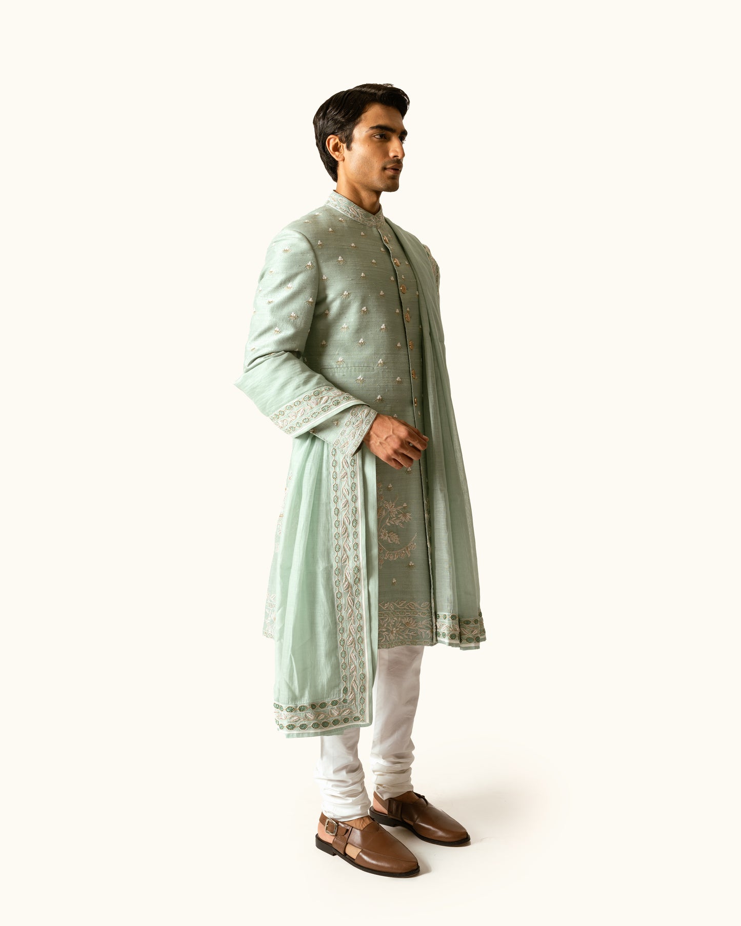 Sage Green Floral Achkan in Raw Silk