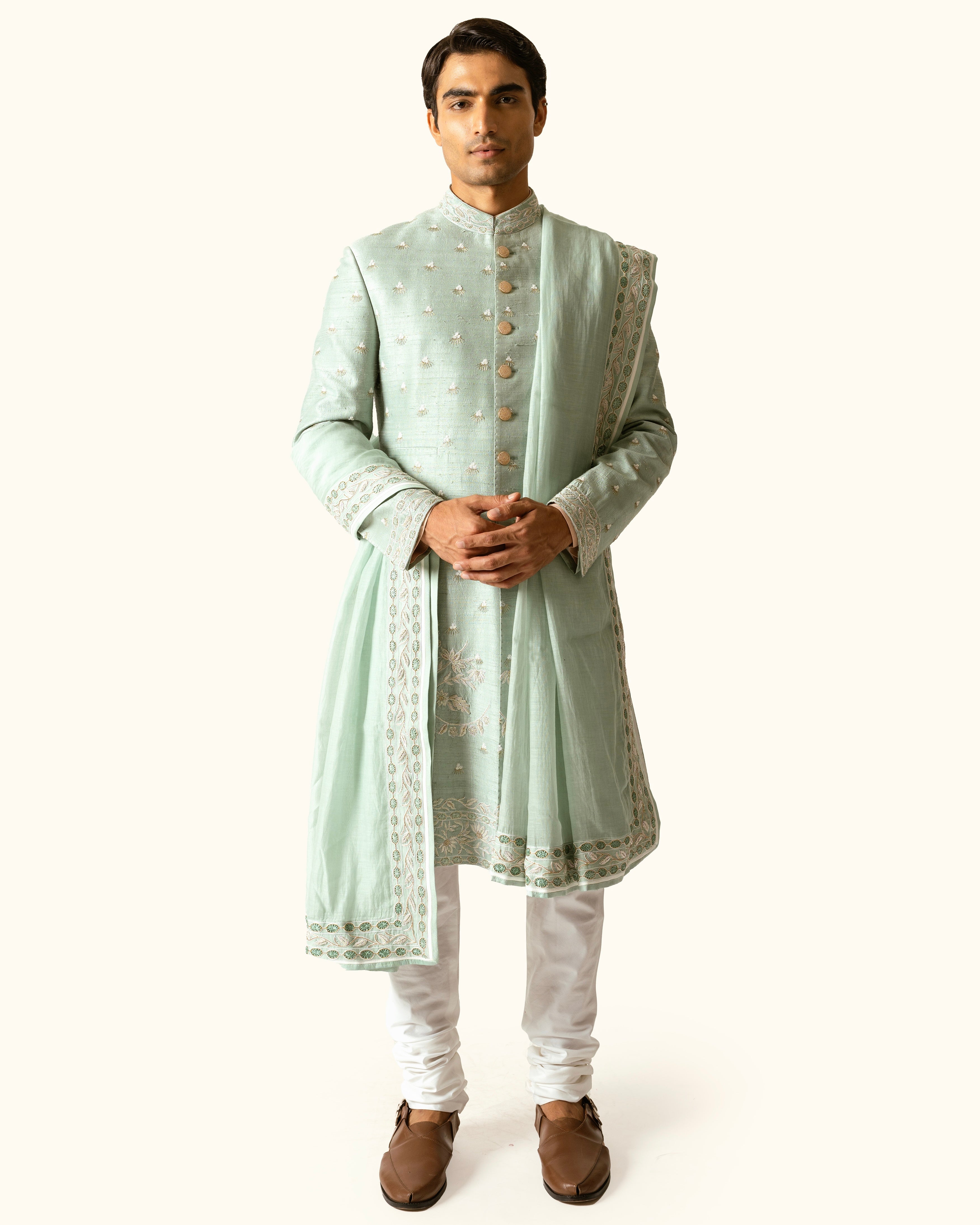 Sage Green Floral Achkan in Raw Silk