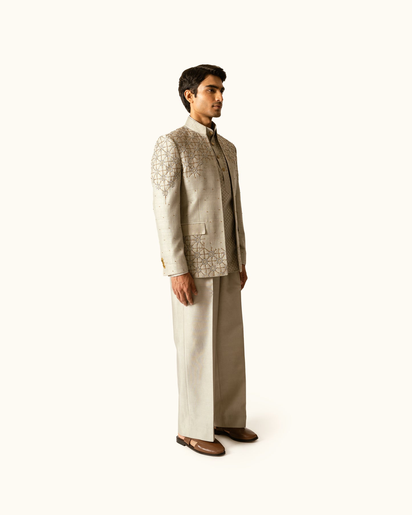 Shadow Gray Embroidered Open Bandhagala in Raw Silk
