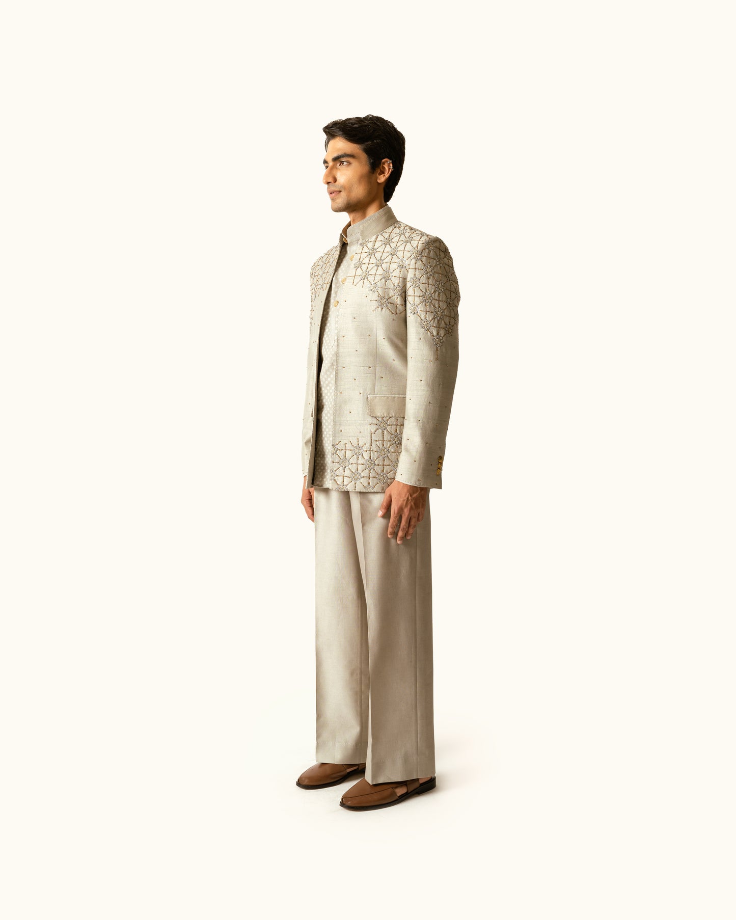 Shadow Gray Embroidered Open Bandhagala in Raw Silk