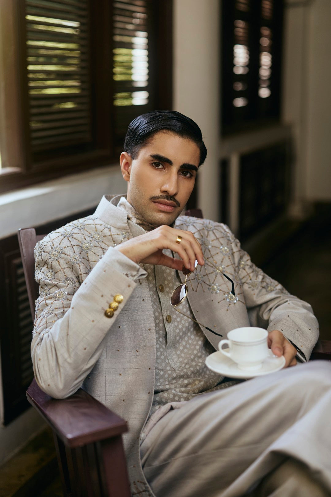 Shadow Gray Embroidered Open Bandhagala in Raw Silk