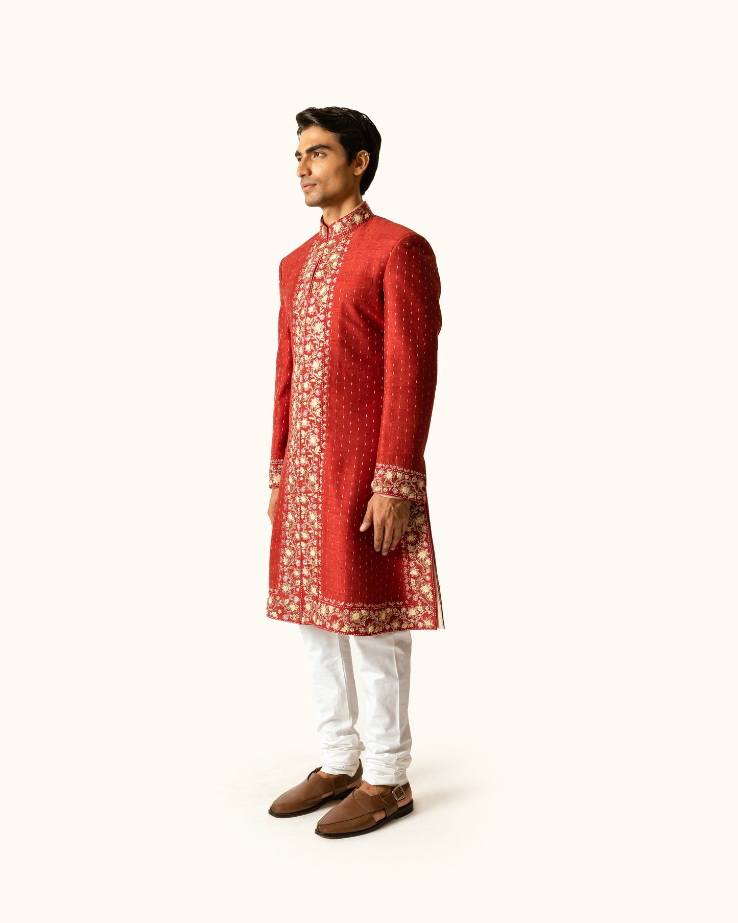 Terracotta Achkan in Raw Silk