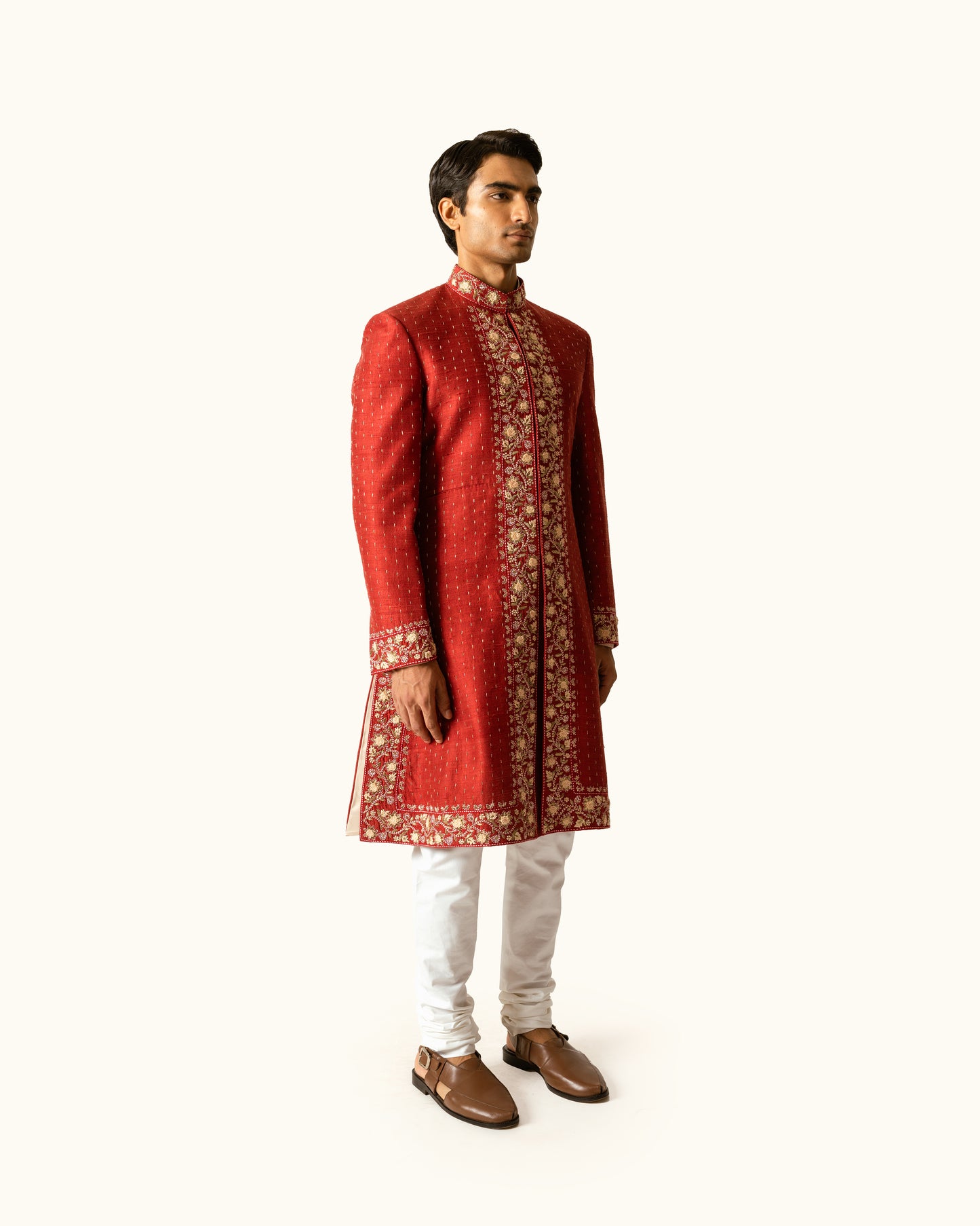 Terracotta Achkan in Raw Silk