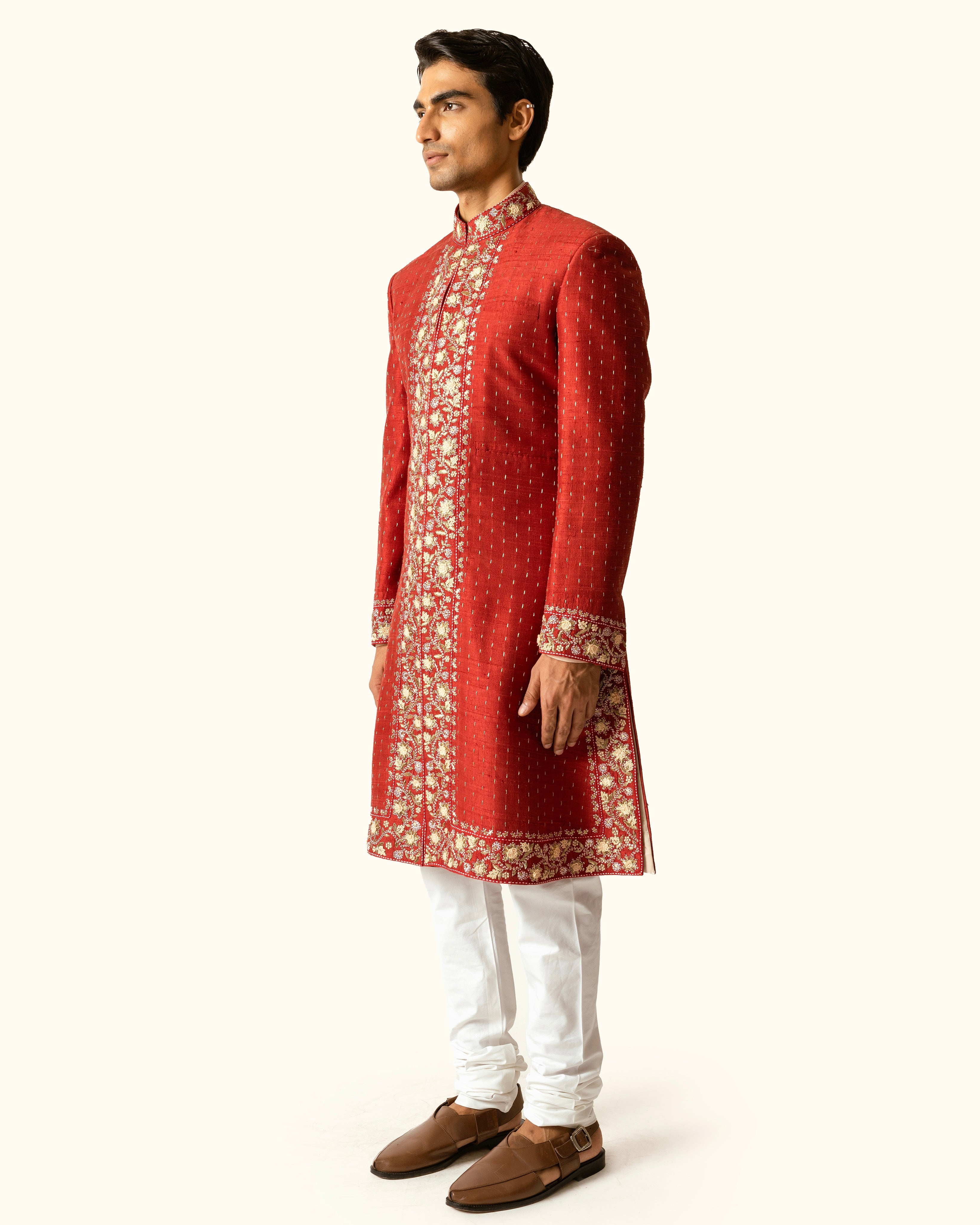 Terracotta Achkan in Raw Silk