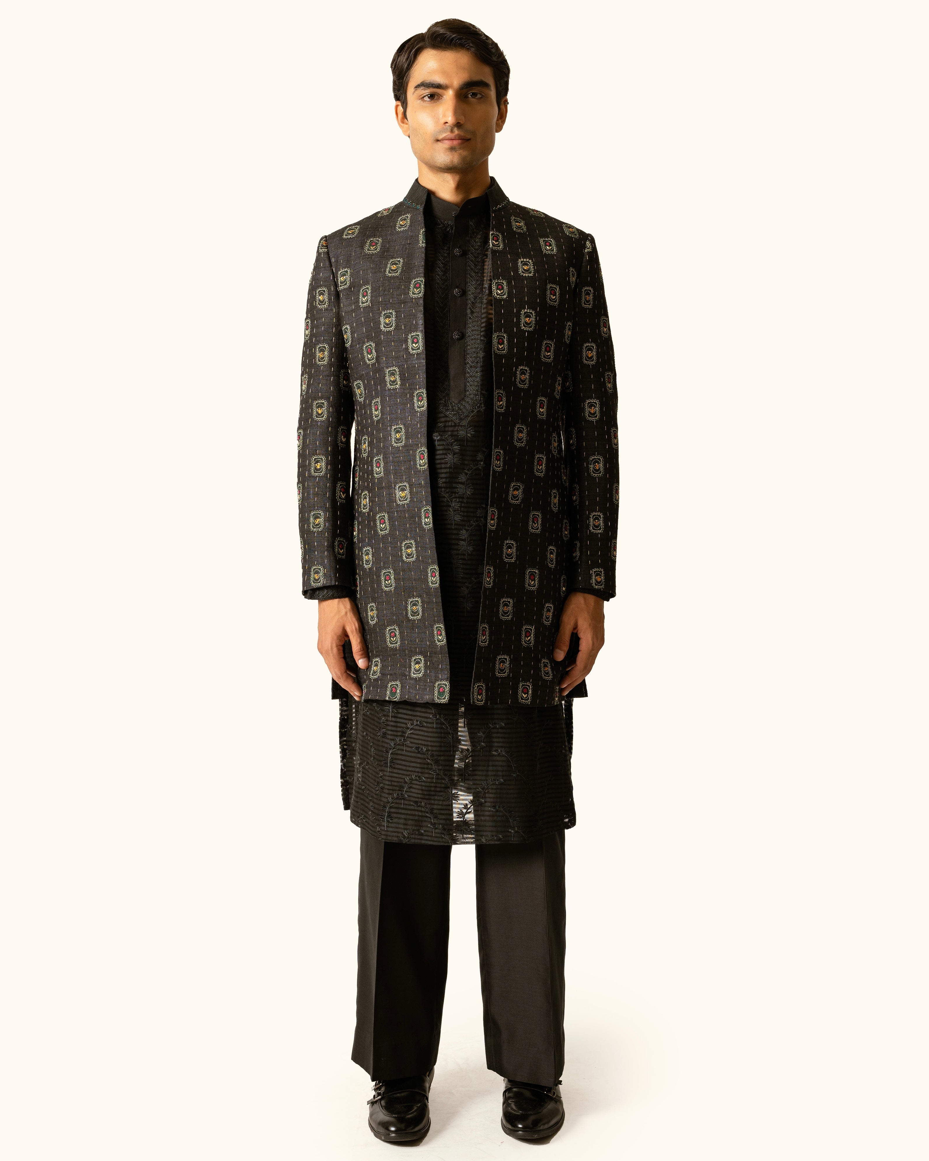 Black Tonal Indo-Western in Raw Silk