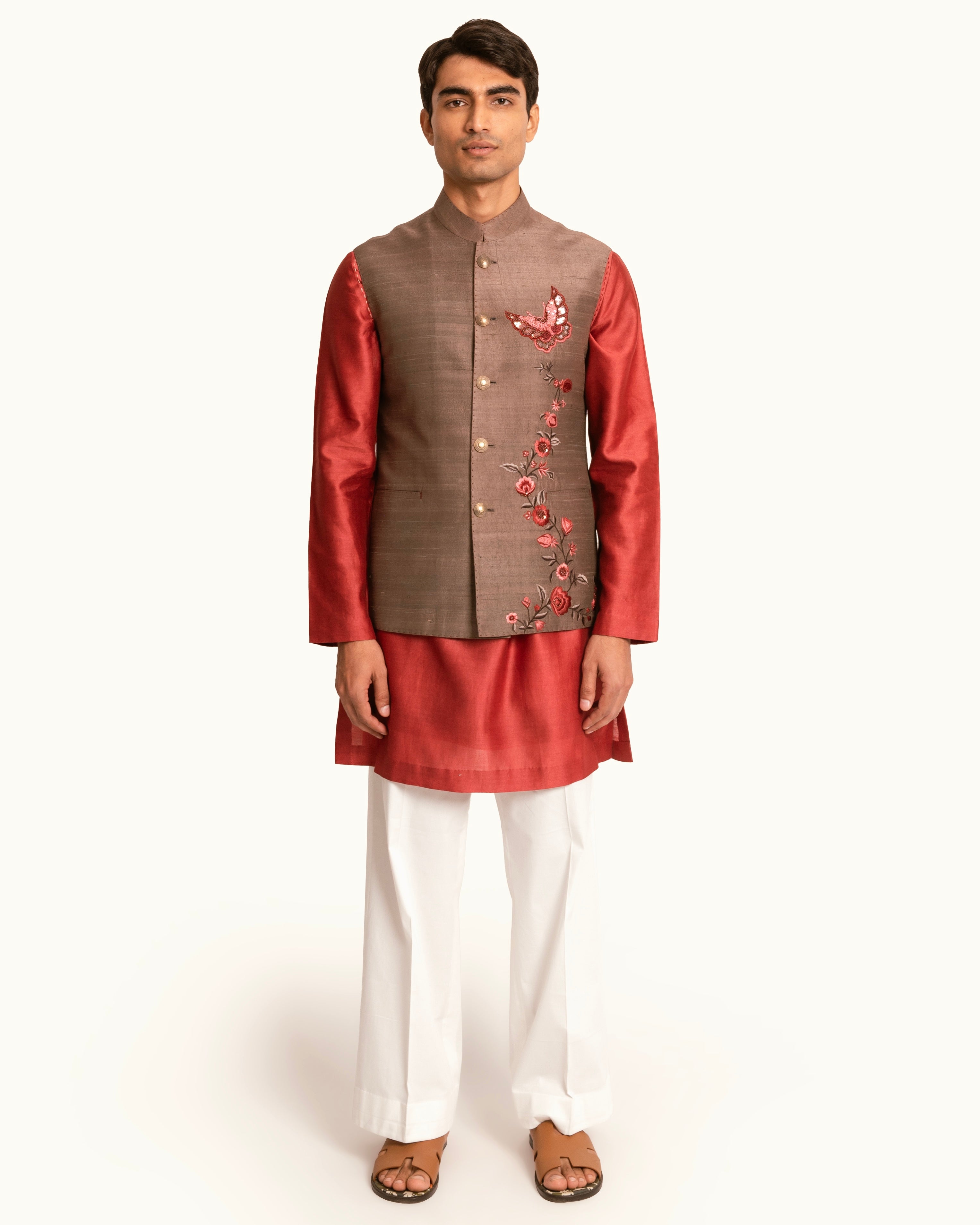 Raw Silk Sadri in Brown with Butterfly Motif