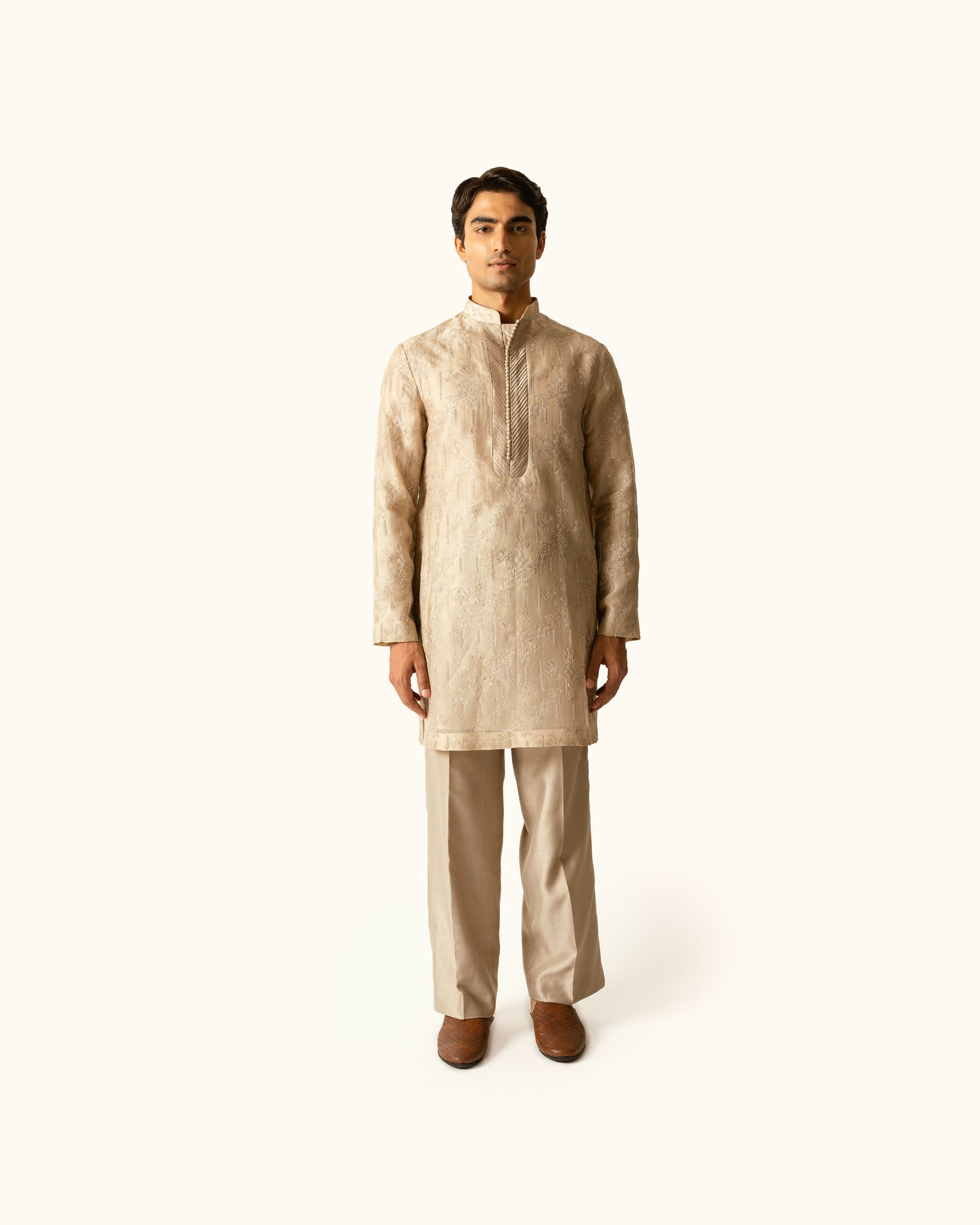 Champagne Embroidered Kurta Set in Silk Organza