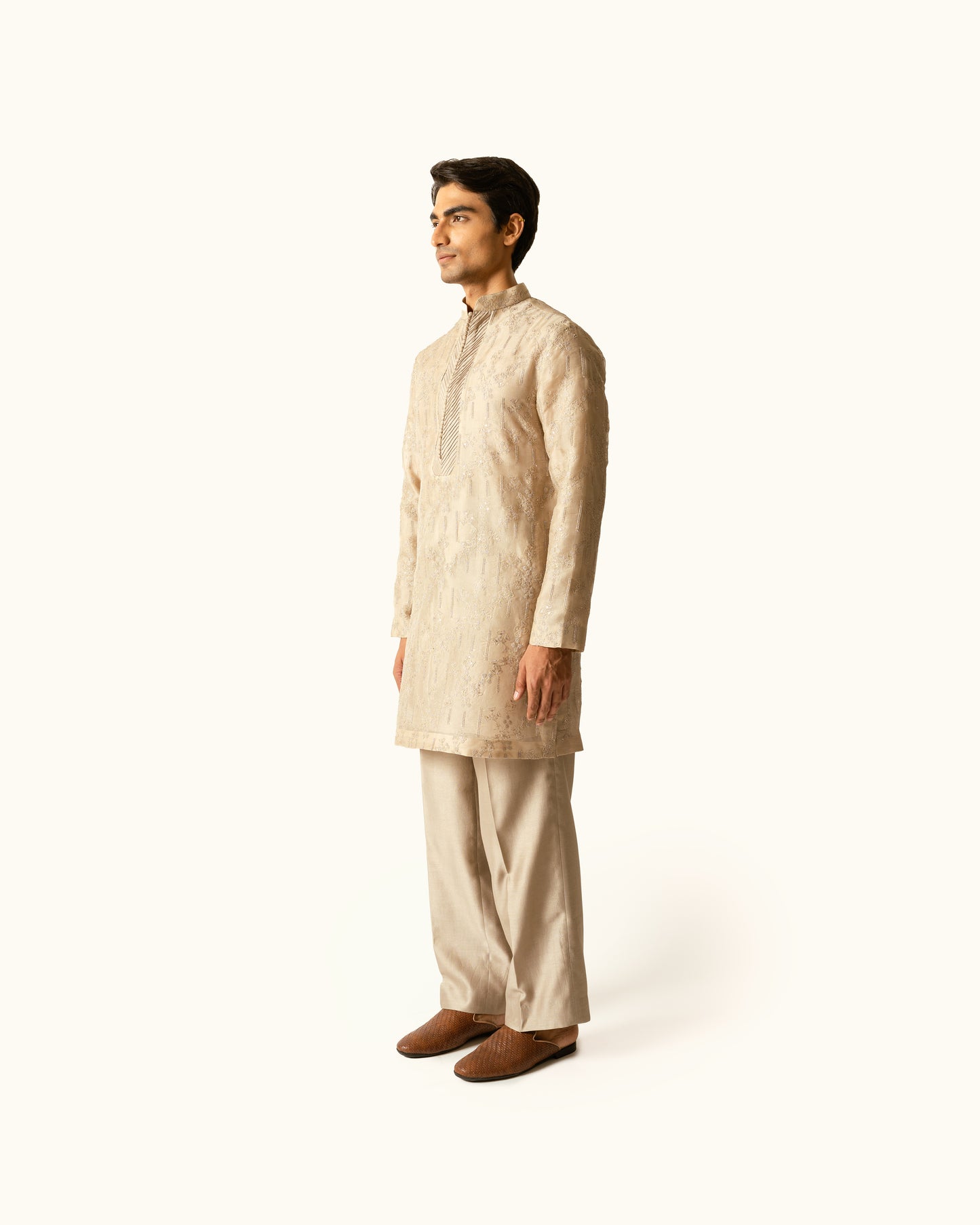 Champagne Embroidered Kurta Set in Silk Organza