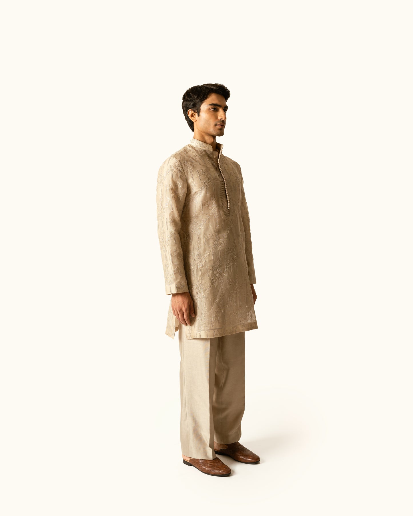 Champagne Embroidered Kurta Set in Silk Organza