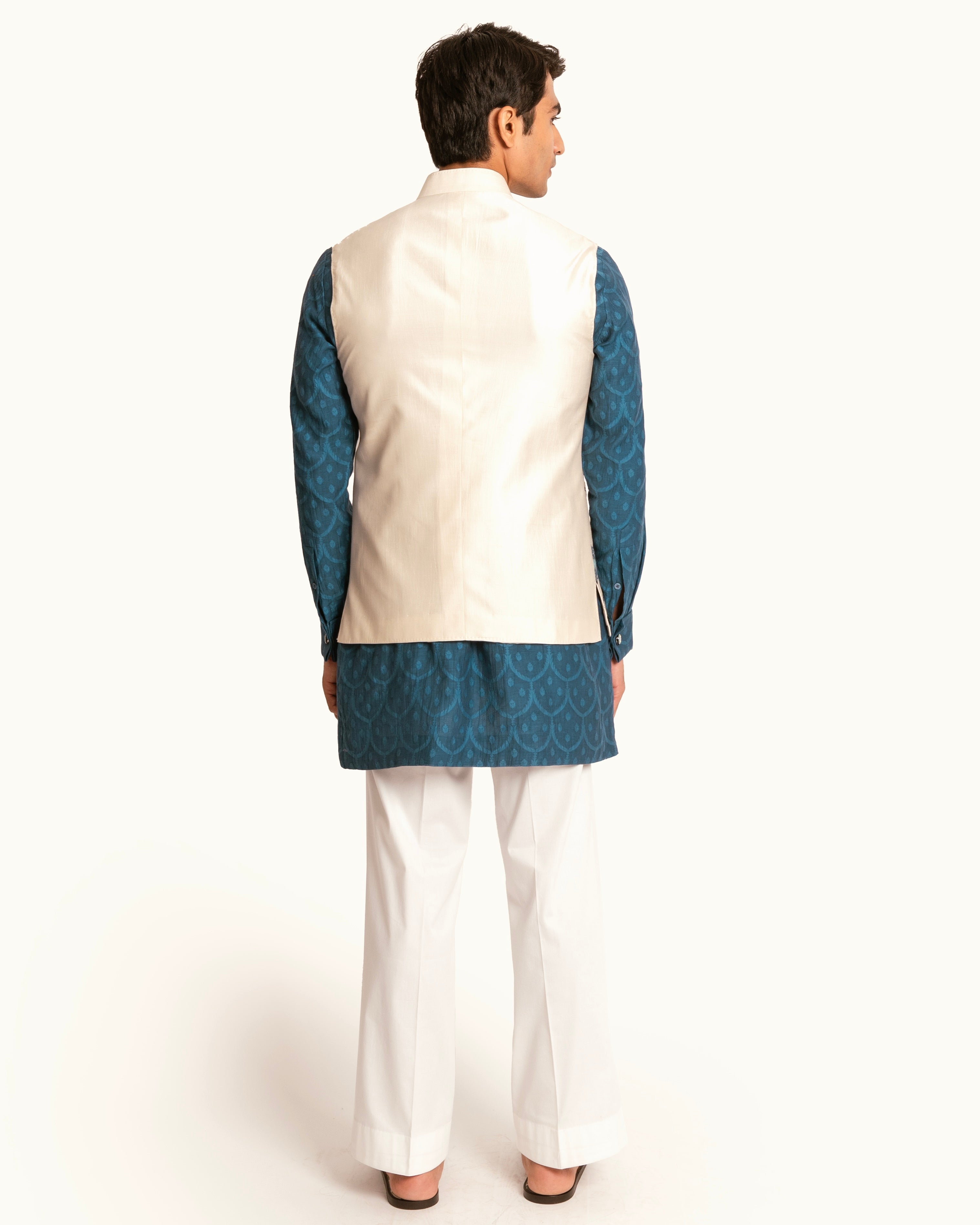 Silk Sadri in Cream with Floral Printed Hem