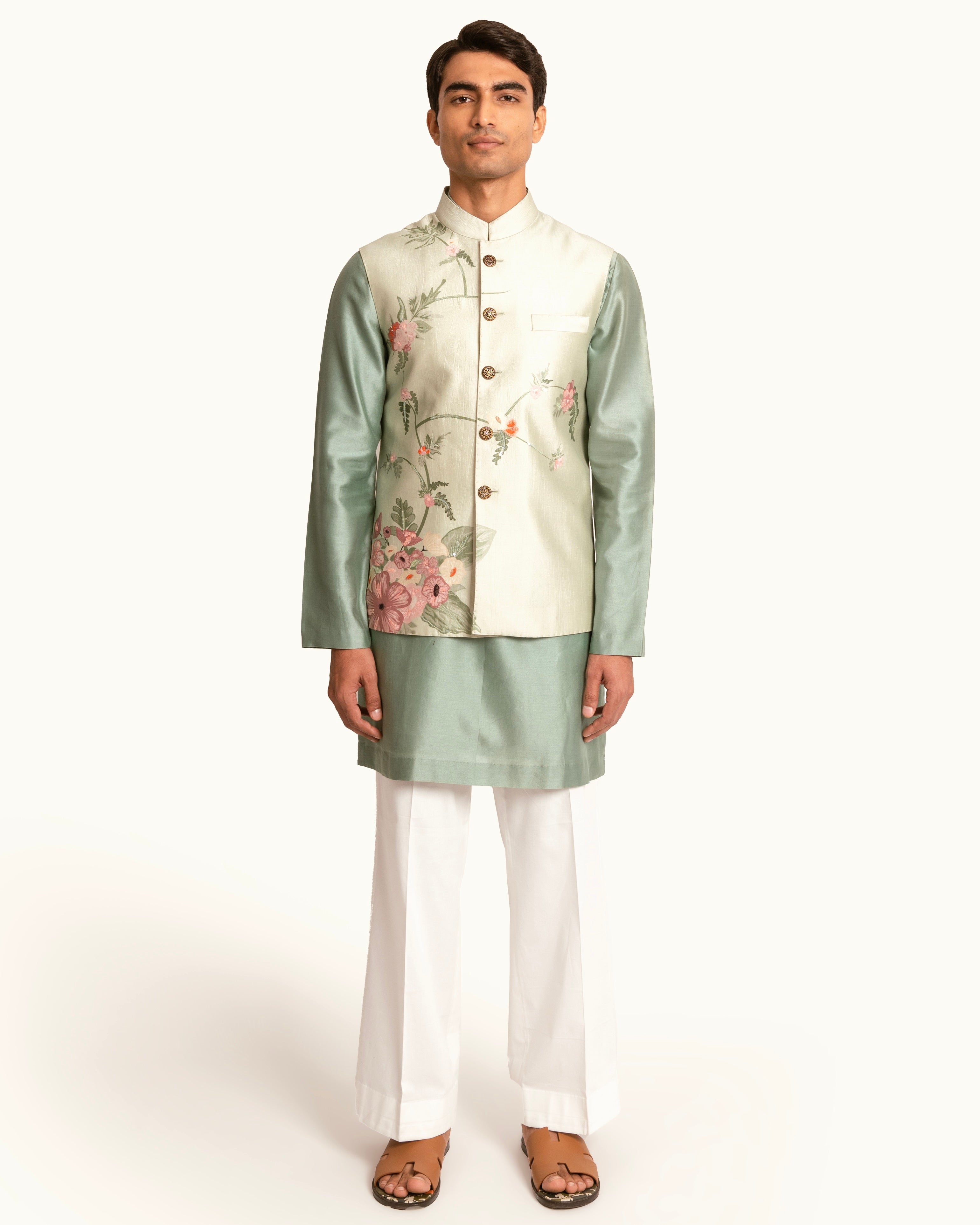 Floral Printed Sage Green Sadri in Silk