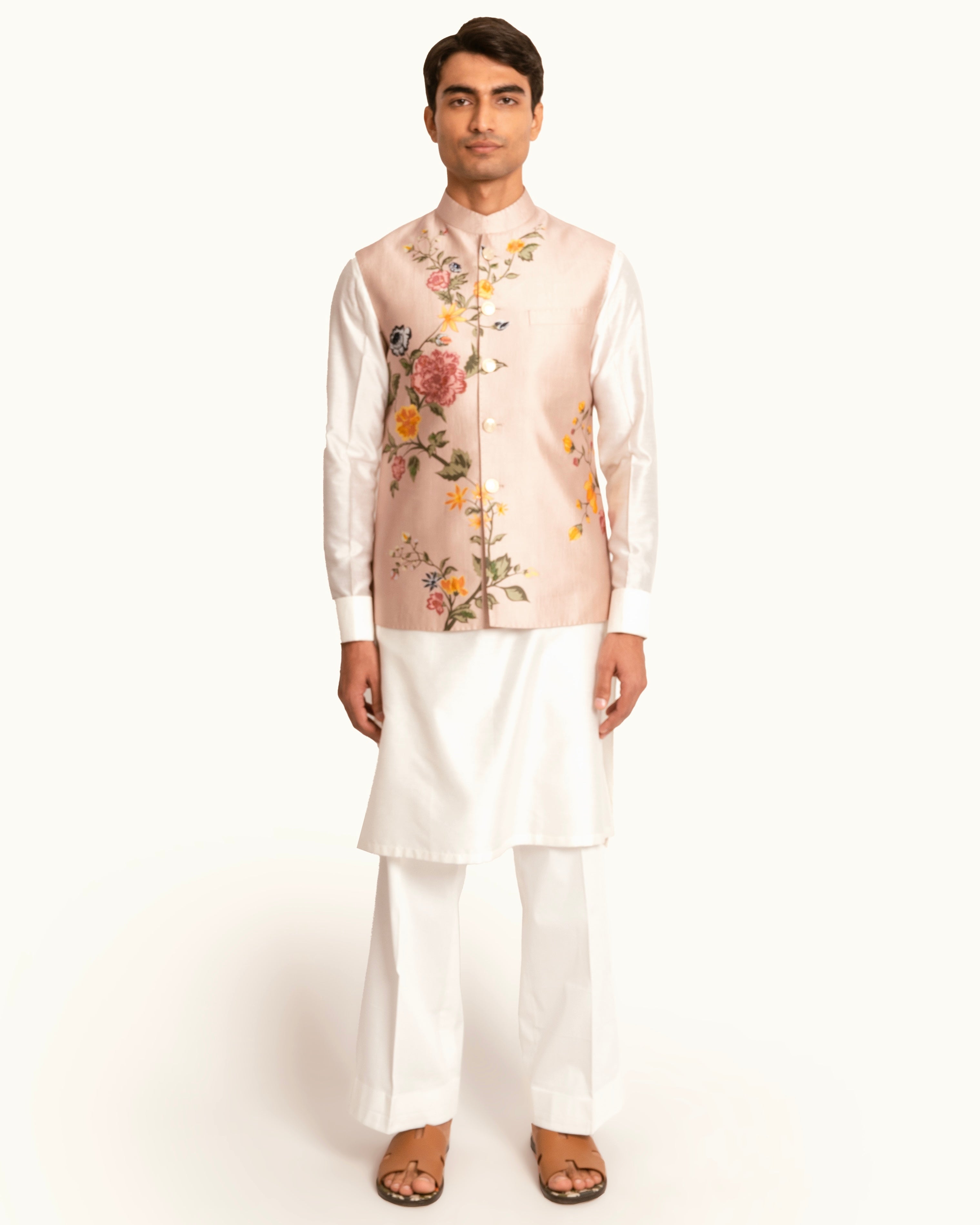 Floral Printed Rose Pink Sadri in Silk