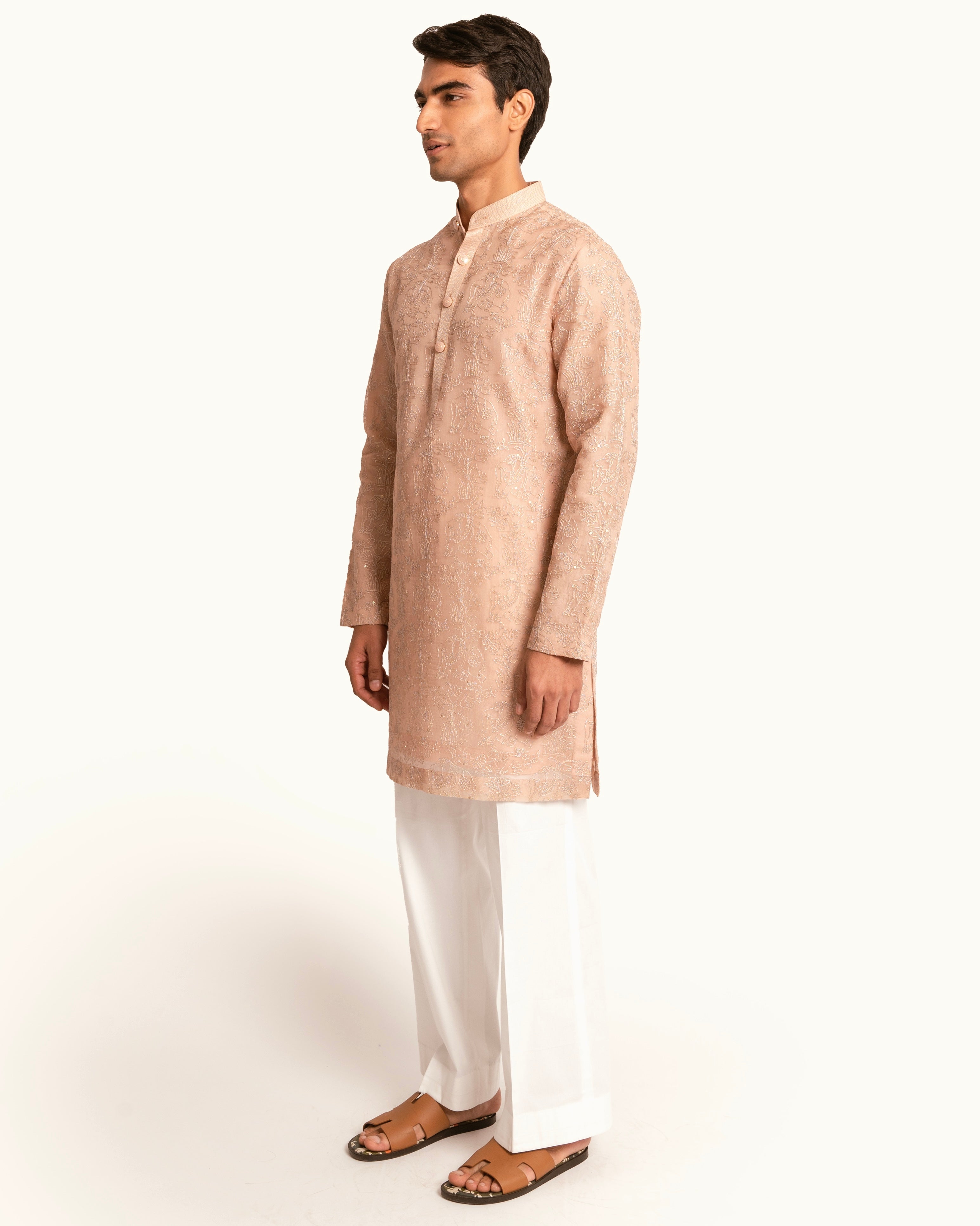 Peach Organza Elephant Motif Kurta Set