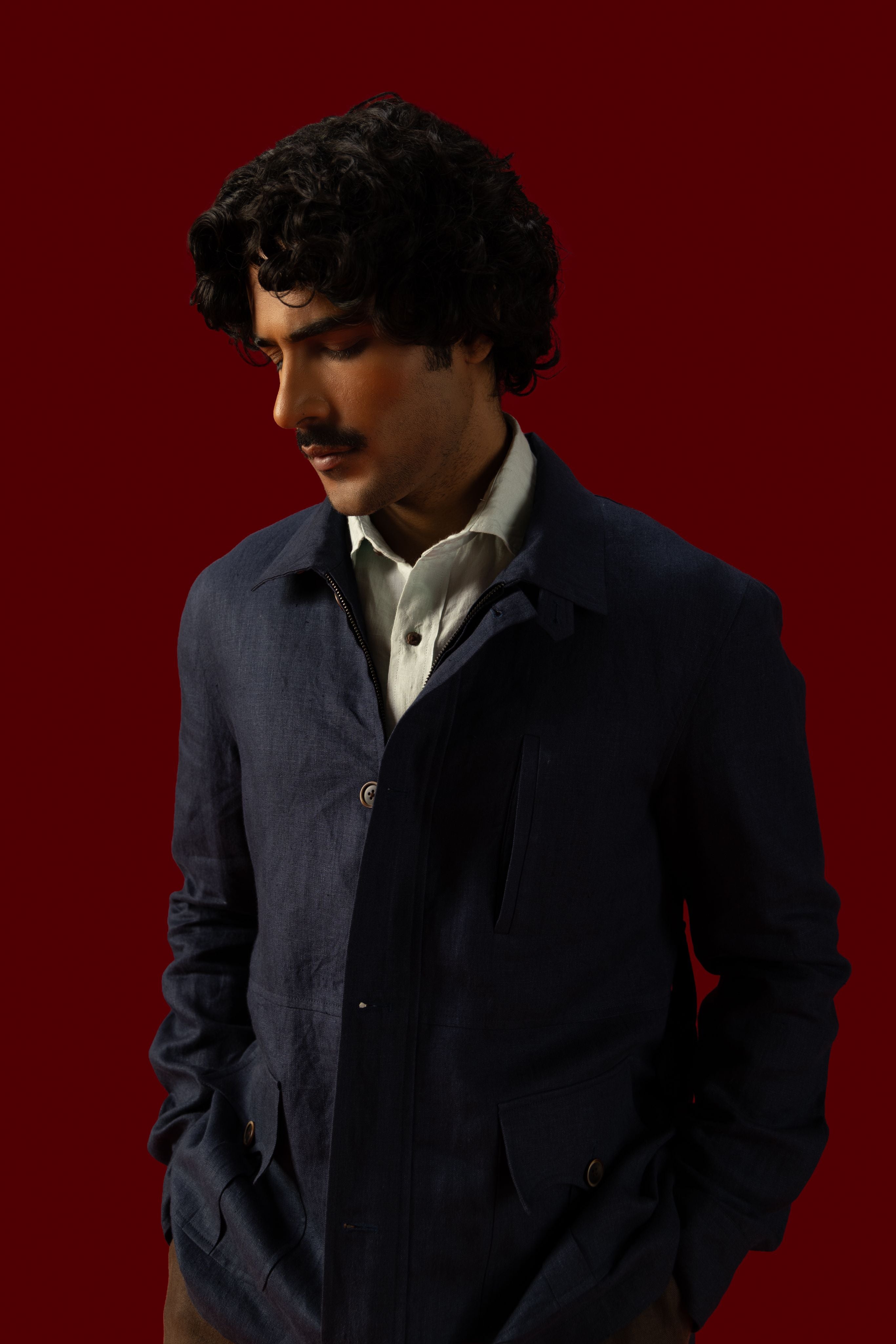 Worker Jacket In Navy Blue Cotton