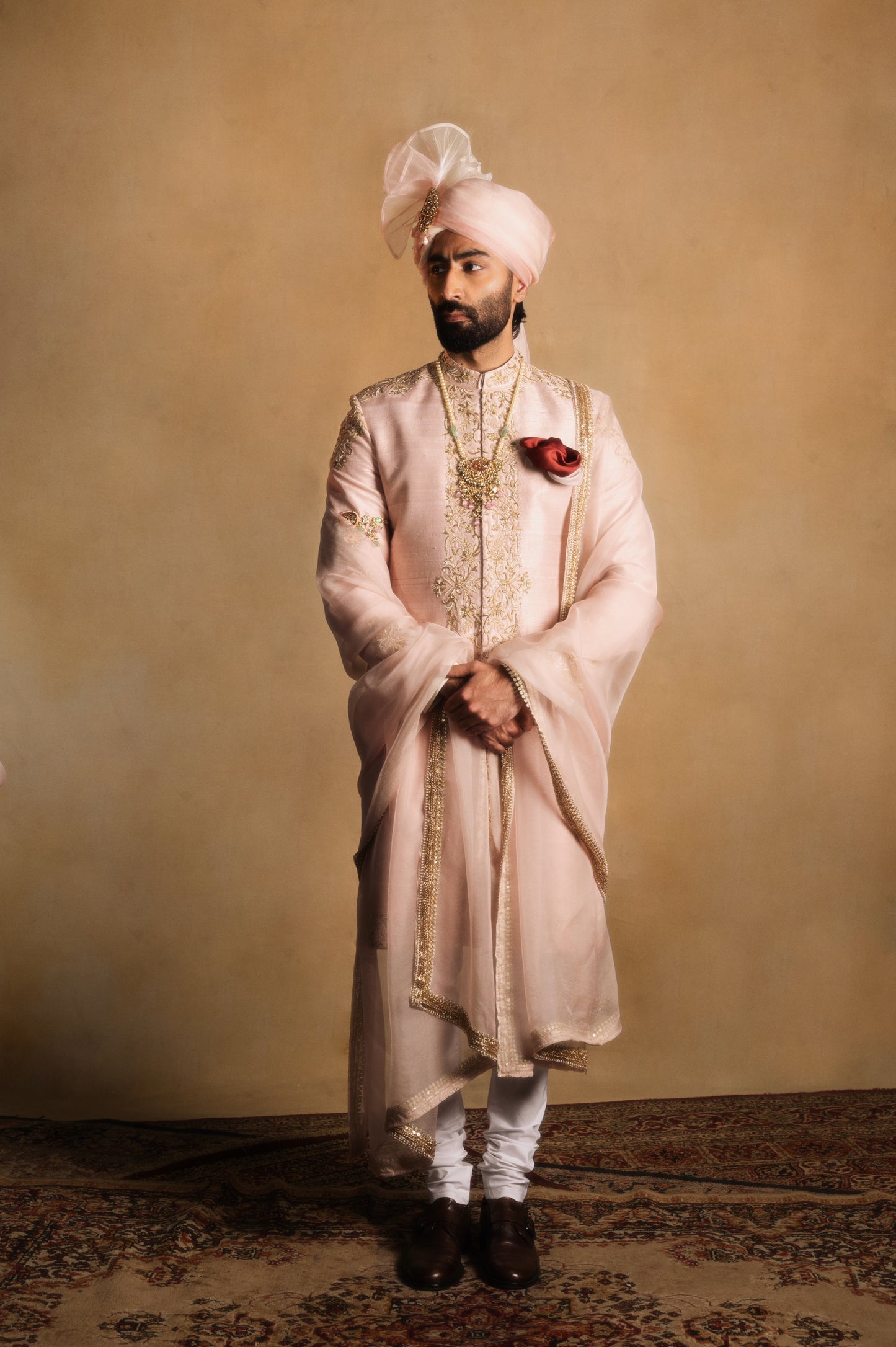 Wedding Achkan with Symmetrical Embellishment in Rose Pink
