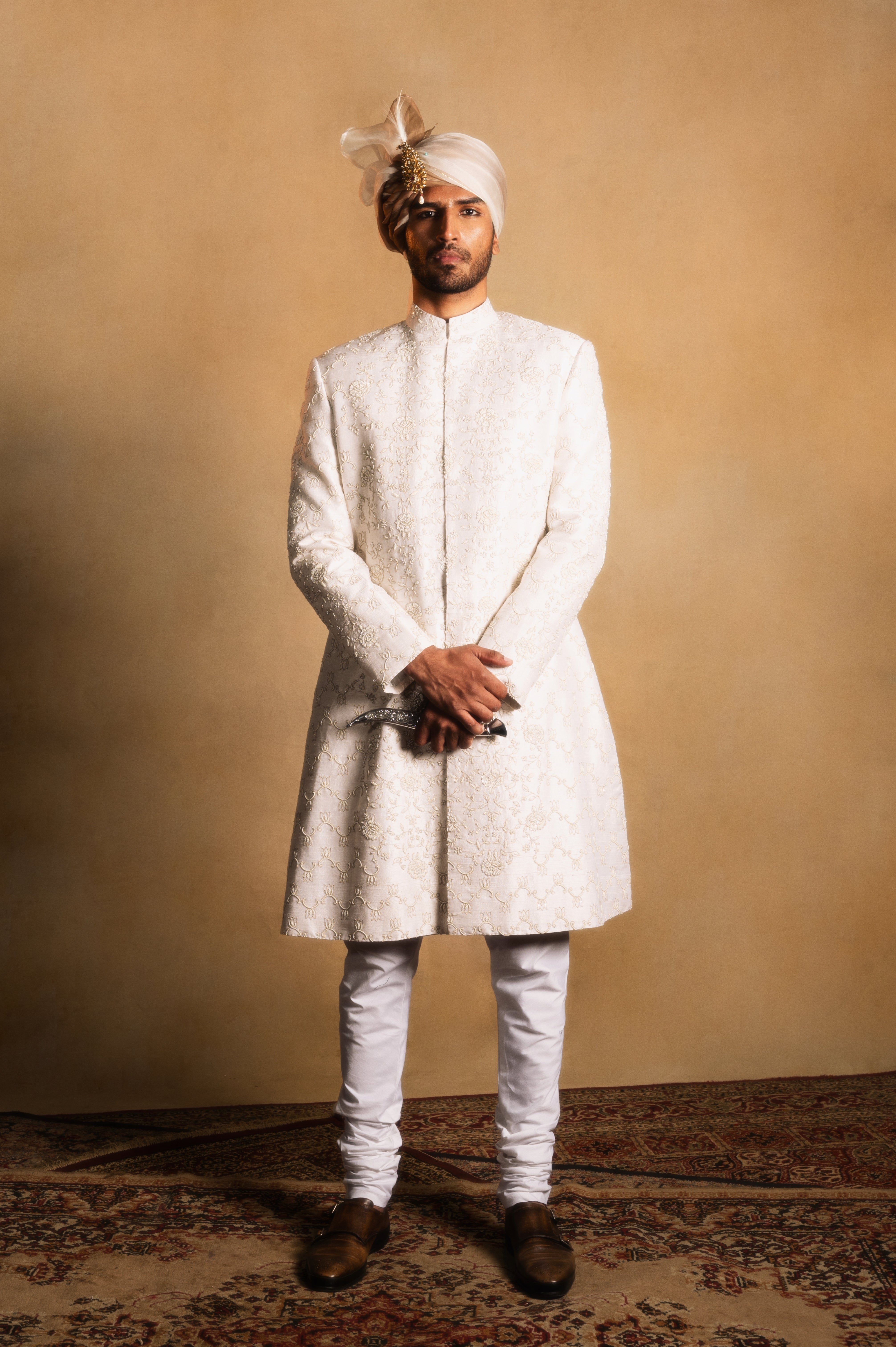 Floral Jaal Wedding Achkan in Ivory