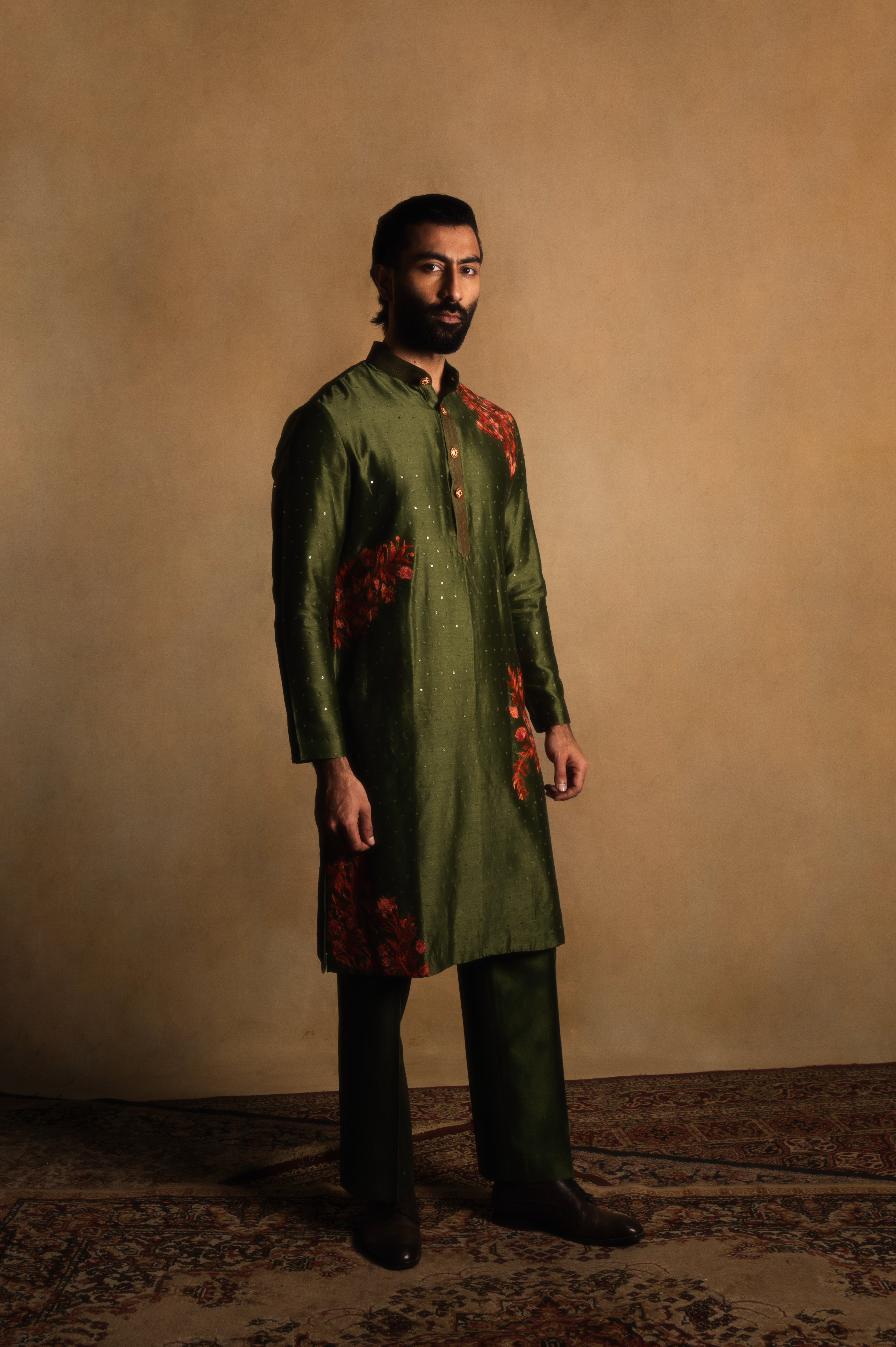 Chanderi Silk Kurta in Olive Green