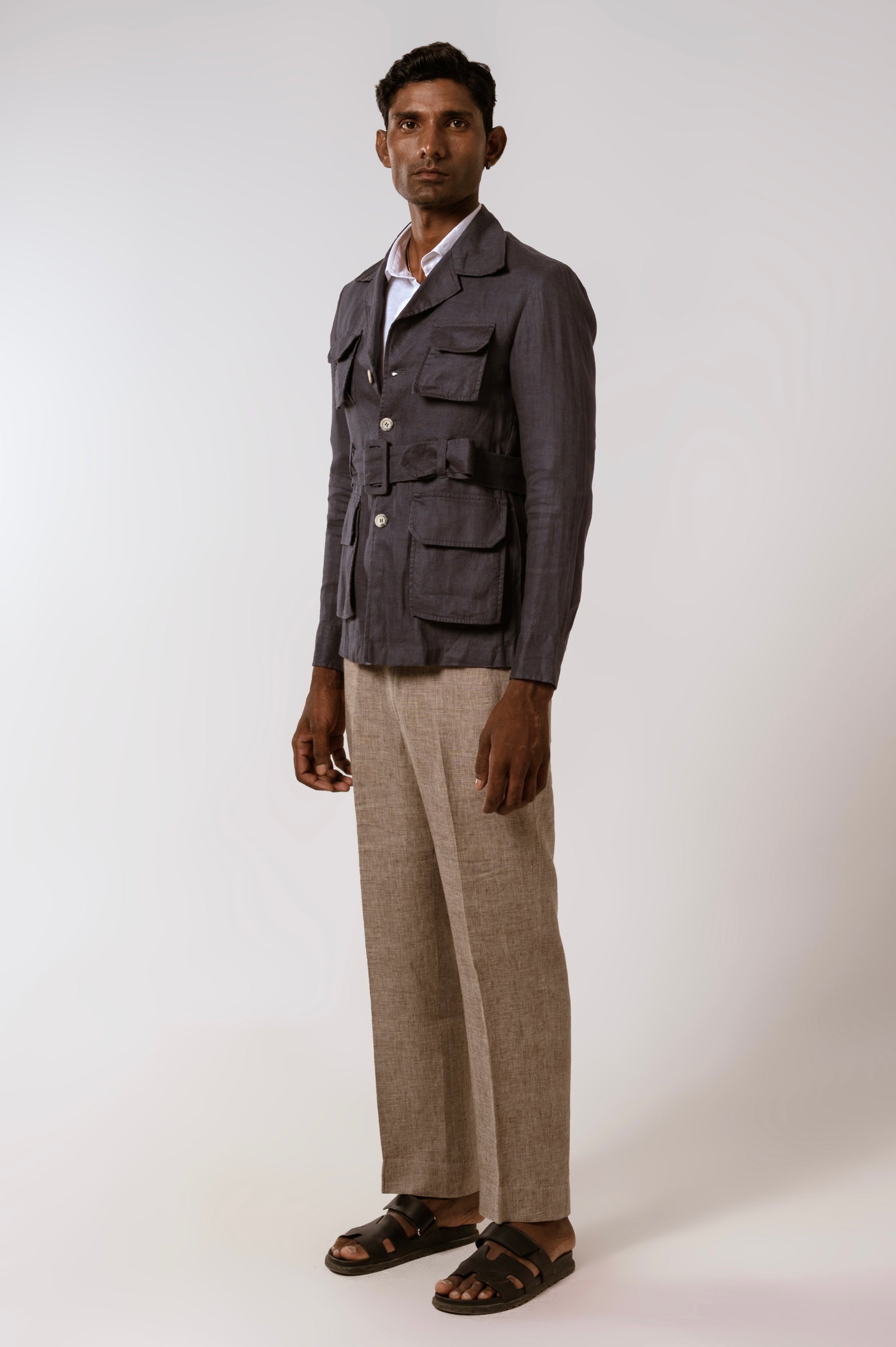 Belted Safari In Blue Linen