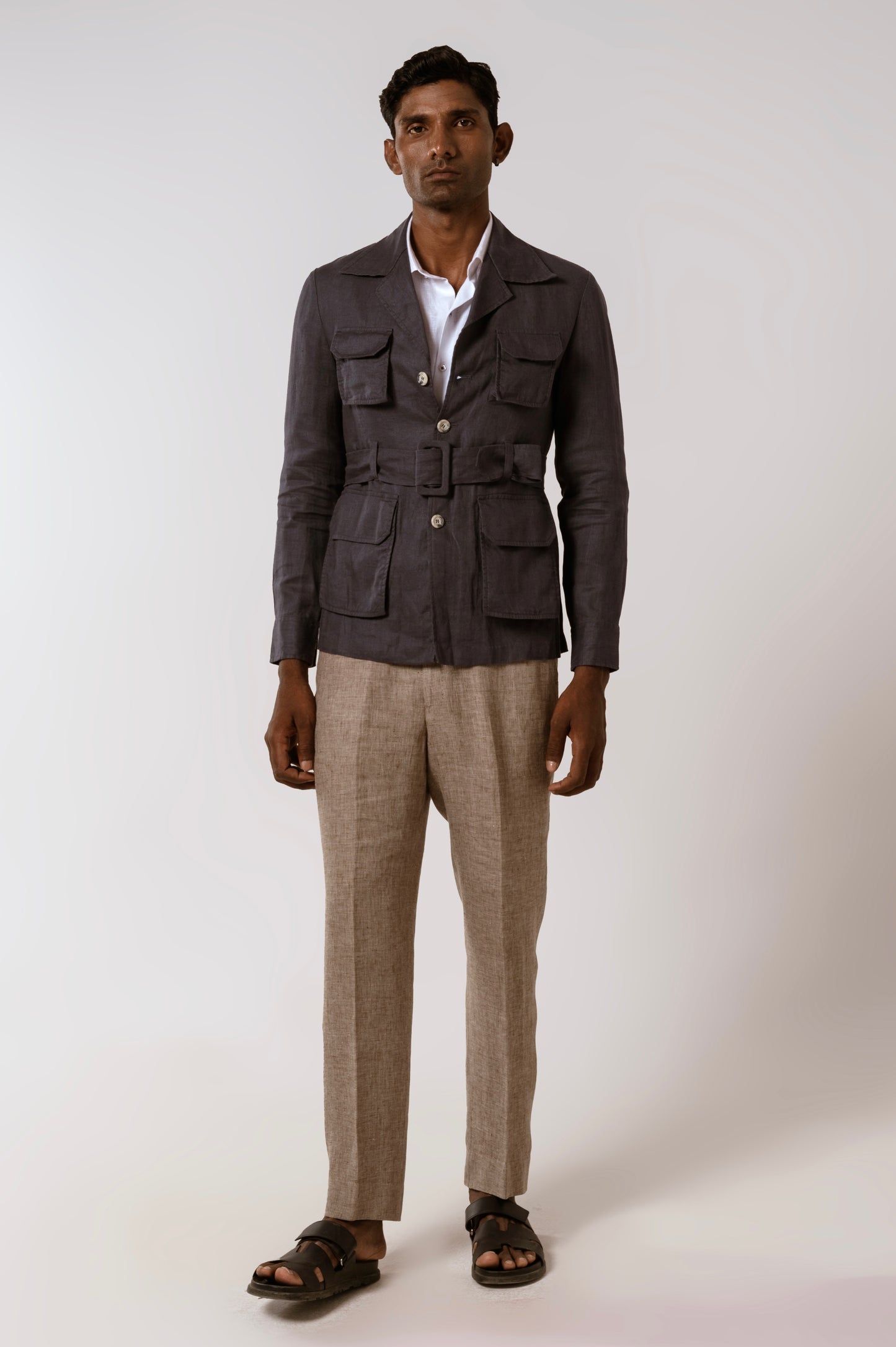 Belted Safari In Blue Linen