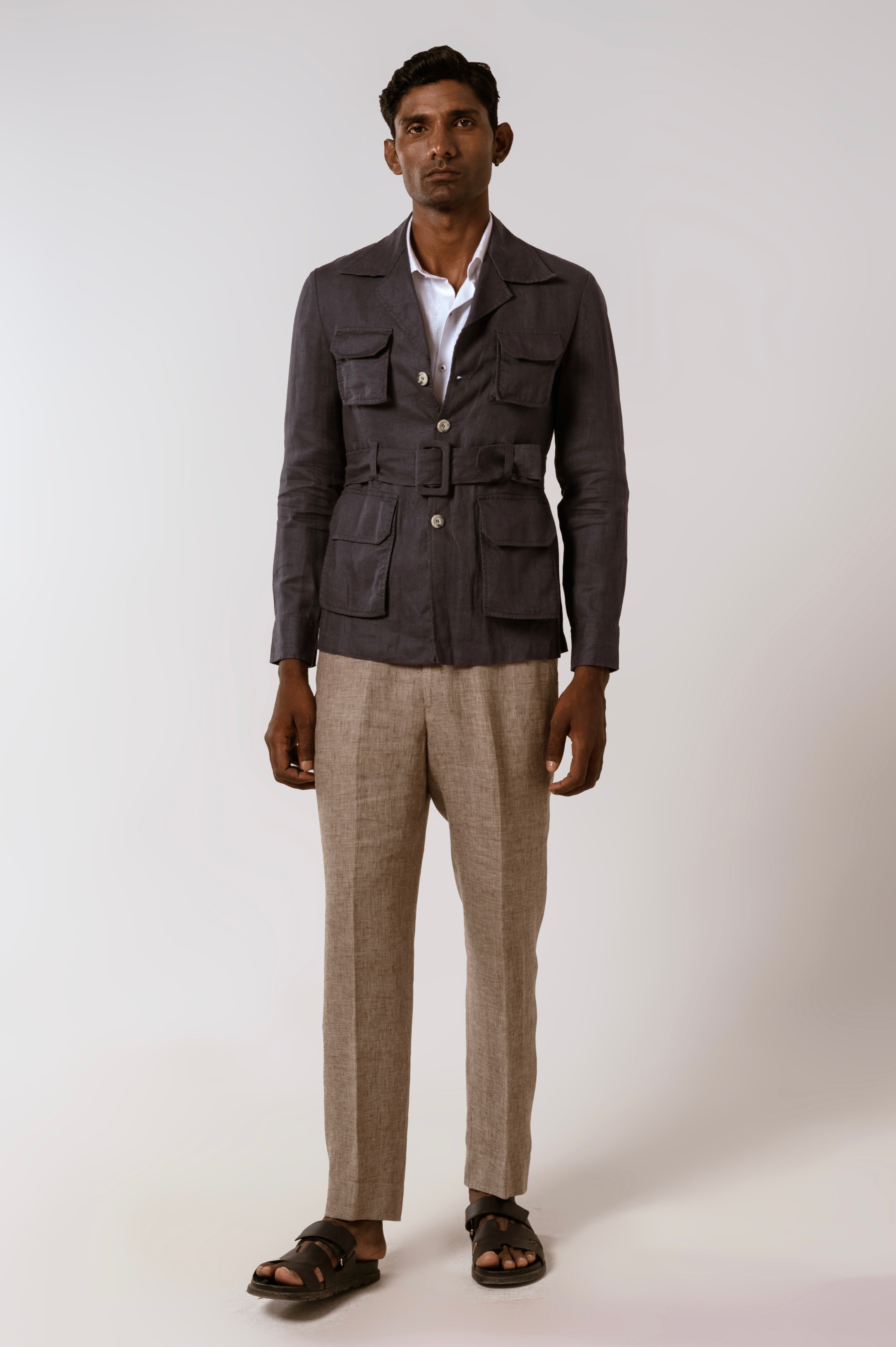 Belted Safari In Blue Linen