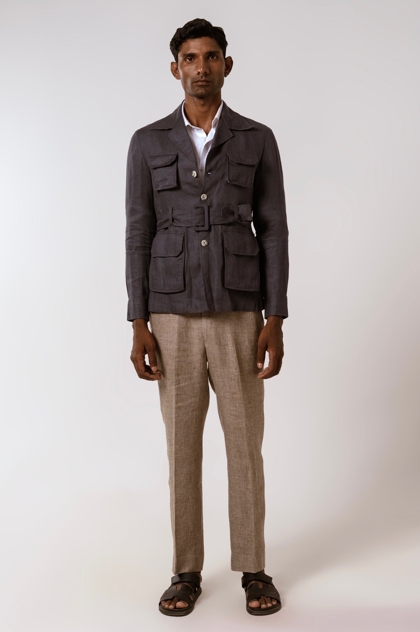 Belted Safari In Blue Linen