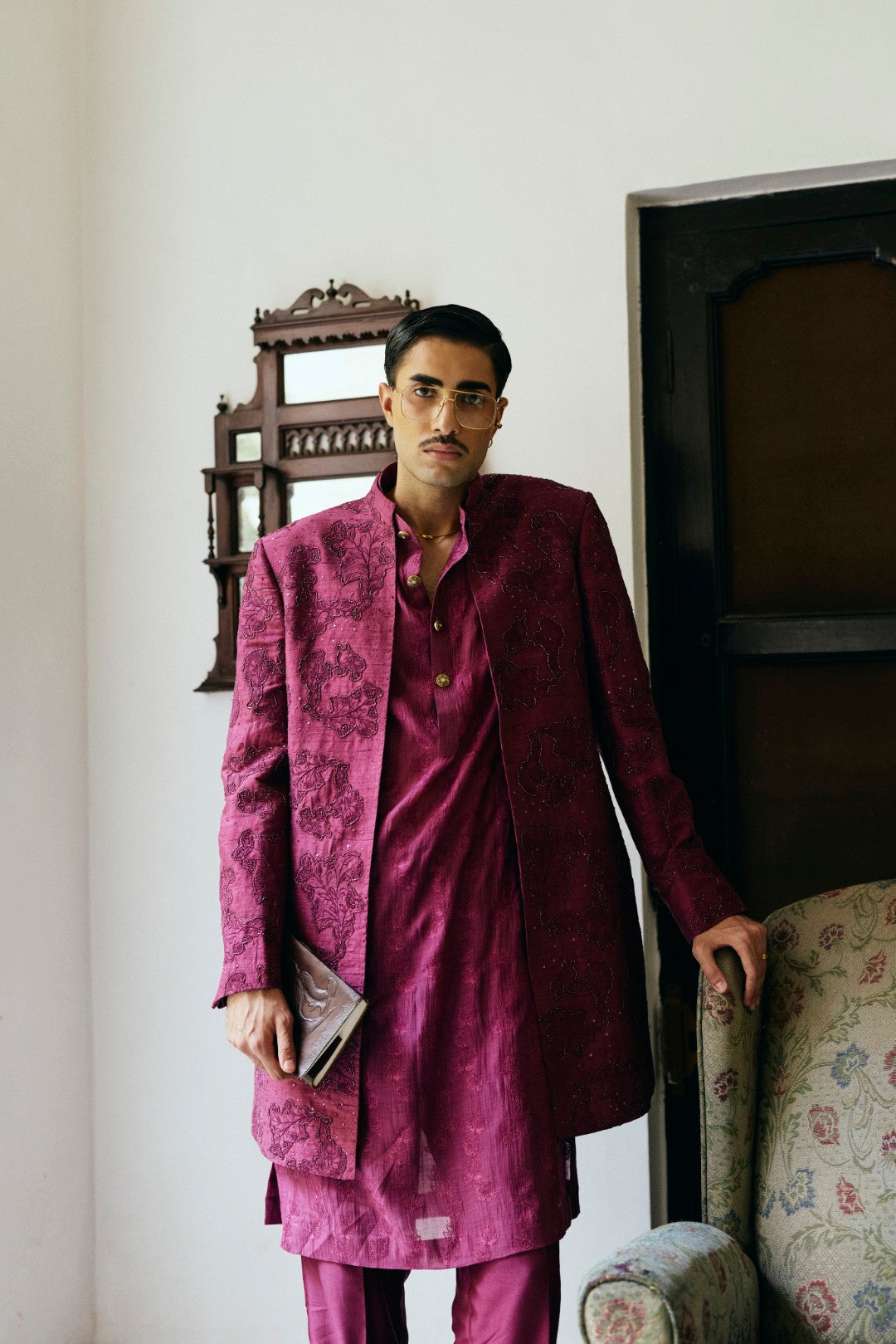Berry Tonal Indo-Western in Raw Silk