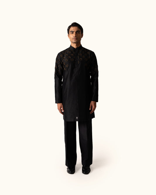 Black Embroidered Kurta Set in Chanderi Silk