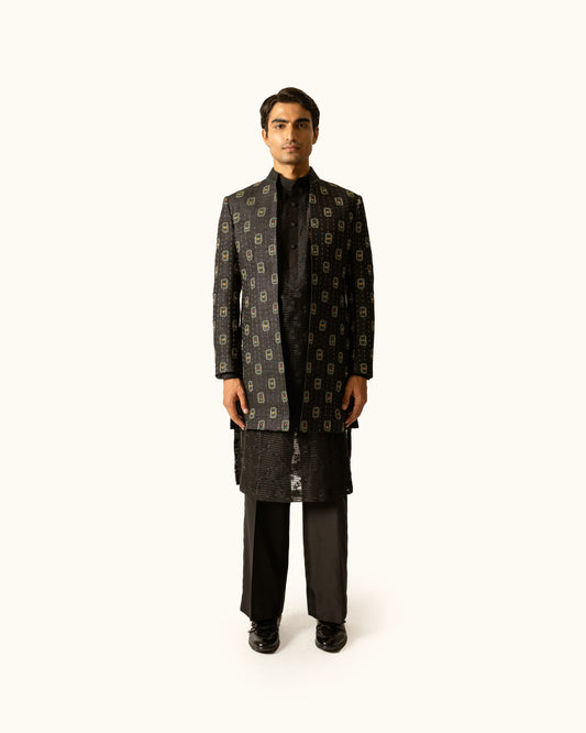 Black Tonal Indo-Western in Raw Silk