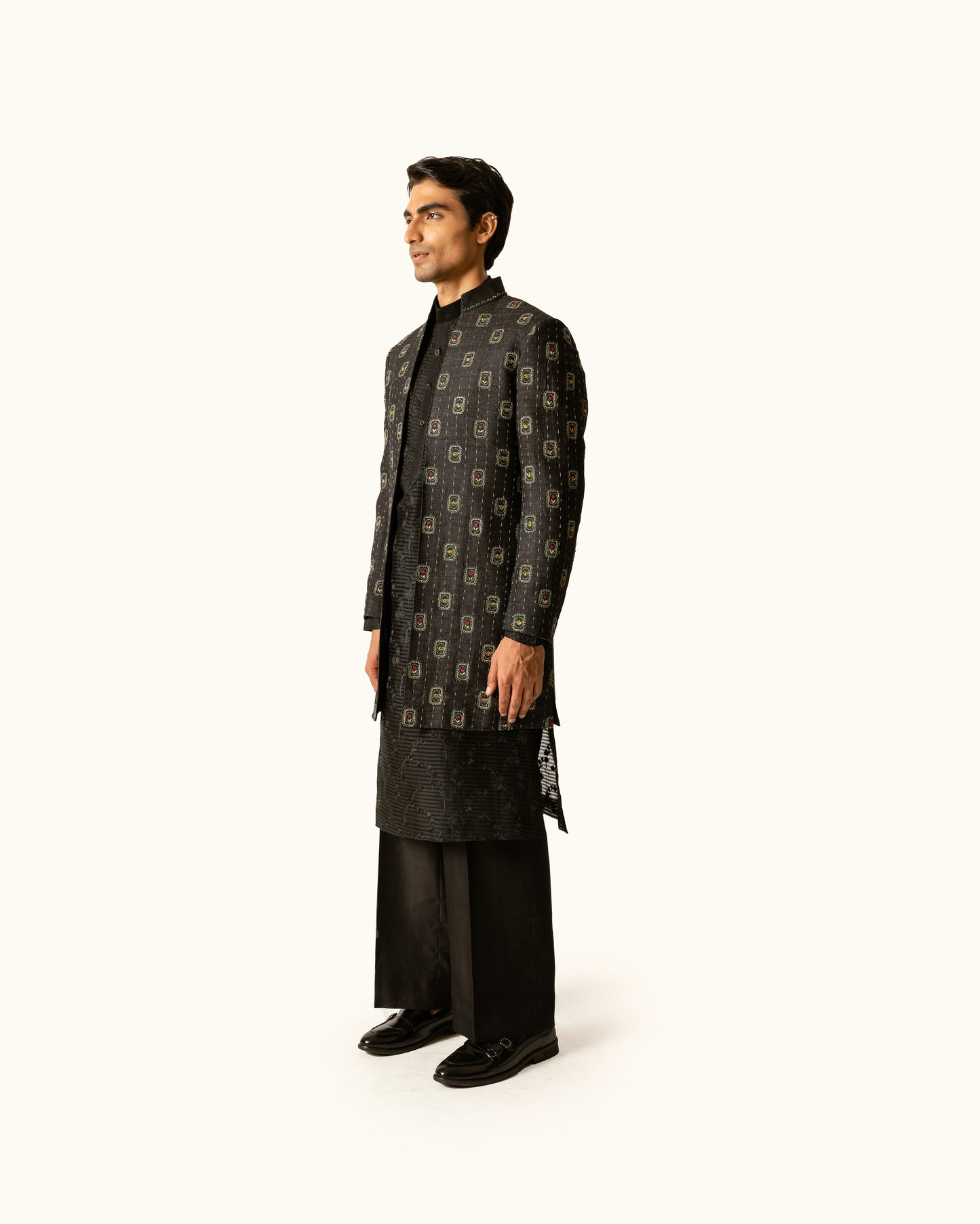 Black Tonal Indo-Western in Raw Silk
