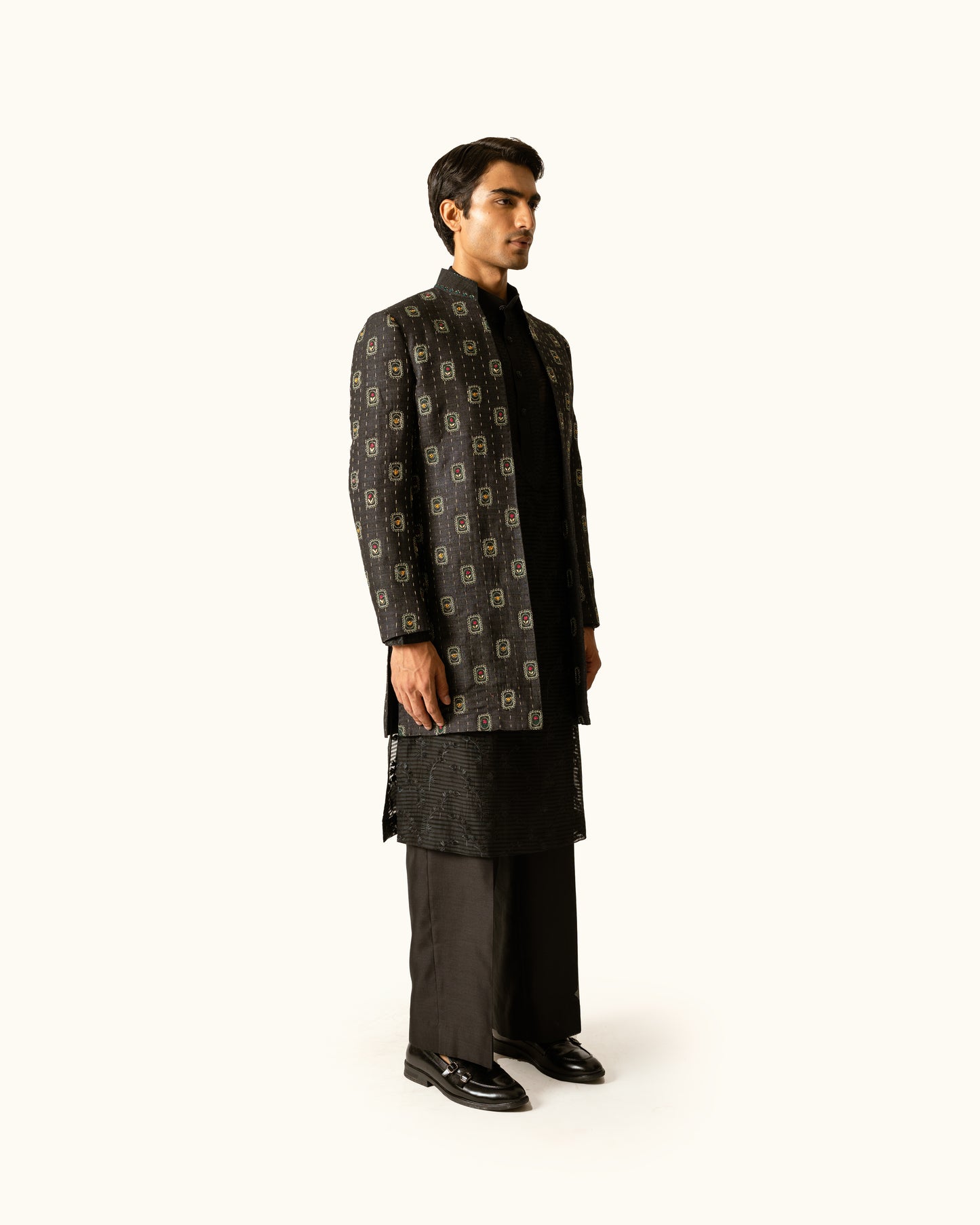 Black Tonal Indo-Western in Raw Silk