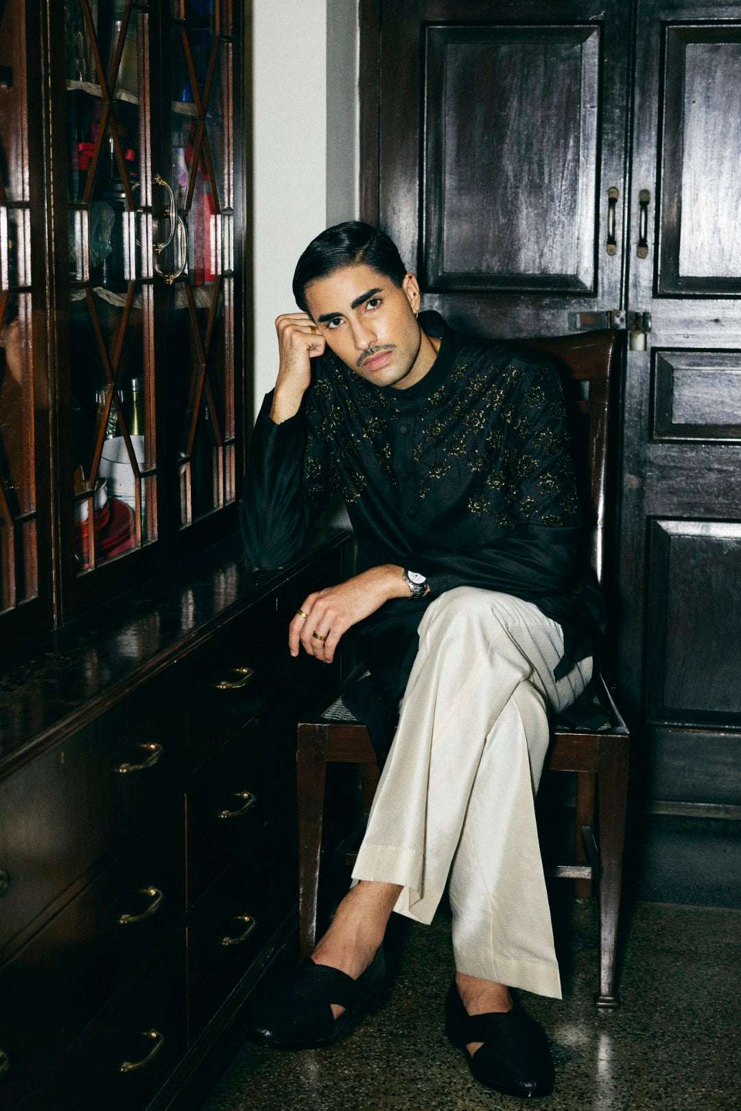 Black Embroidered Kurta Set in Chanderi Silk