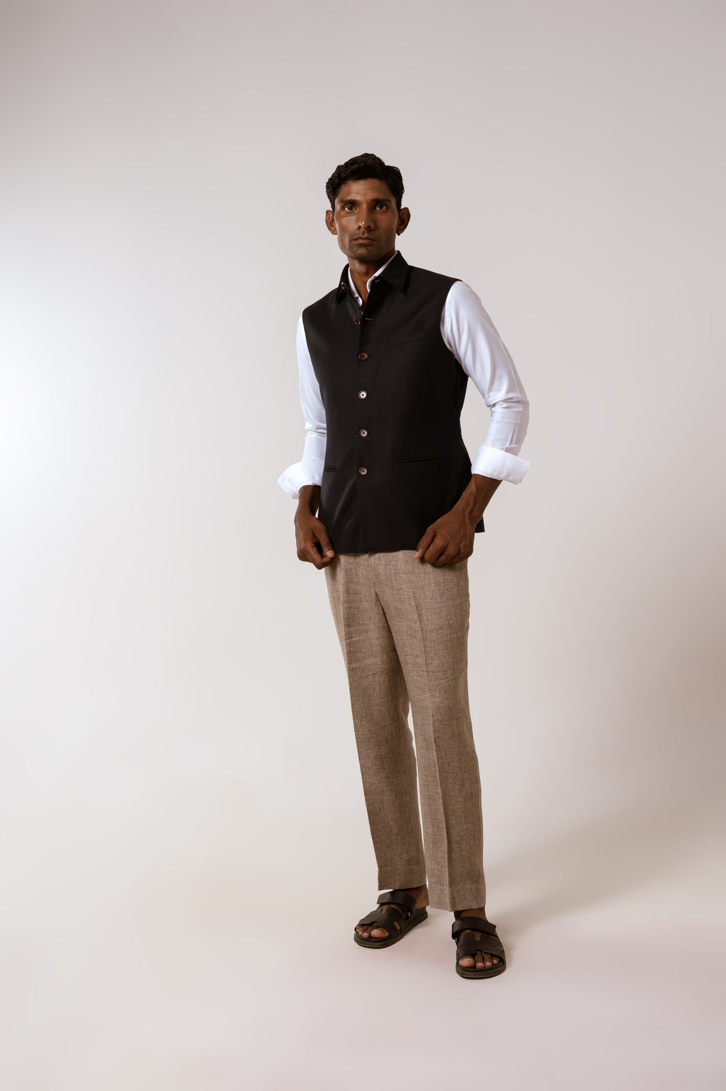 Collared Sadri In Navy Blue Tropical Wool